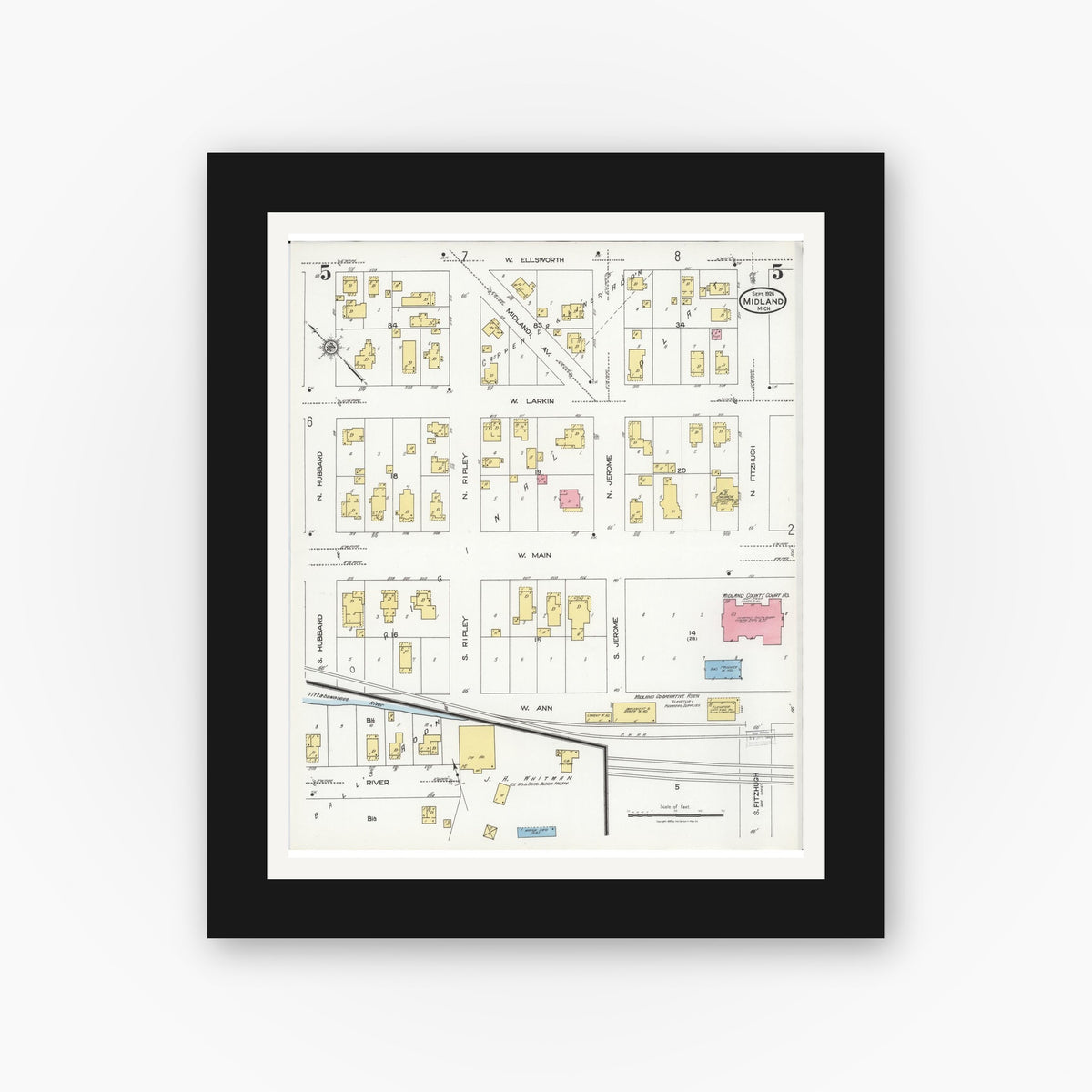 Old map wall art mockup — black gallery frame with white mat — Sanborn Fire Insurance Map from Midland, Midland County, Michigan (1926), Sheet #0005