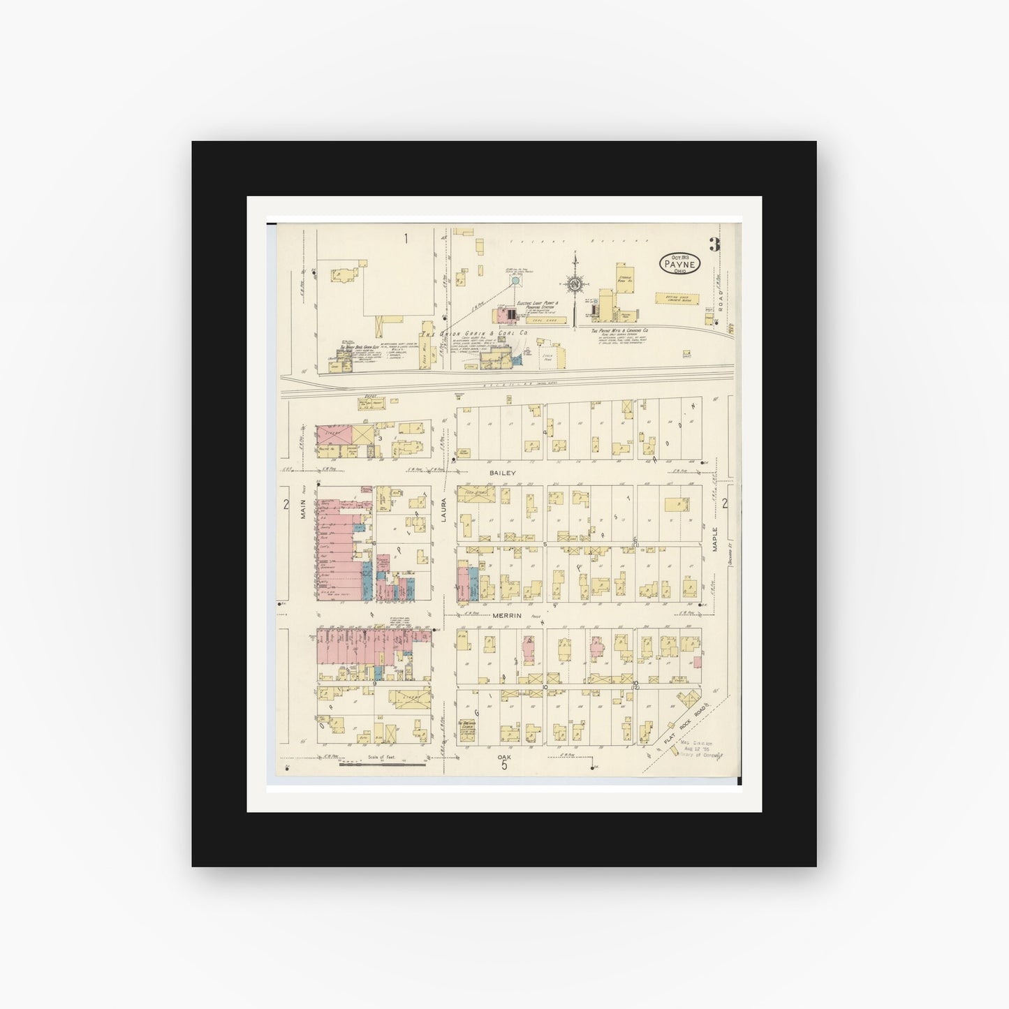 Old map wall art mockup — black gallery frame with white mat — Sanborn Fire Insurance Map from Payne, Paulding County, Ohio (1913), Sheet #0003