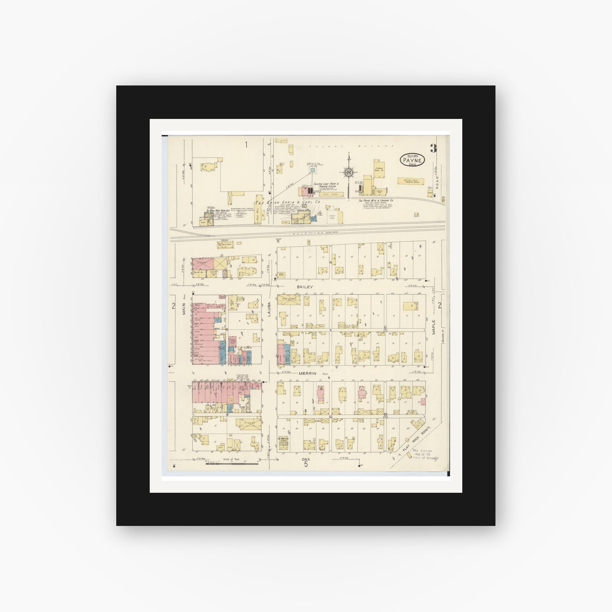 Old map wall art mockup — black gallery frame with white mat — Sanborn Fire Insurance Map from Payne, Paulding County, Ohio (1913), Sheet #0003