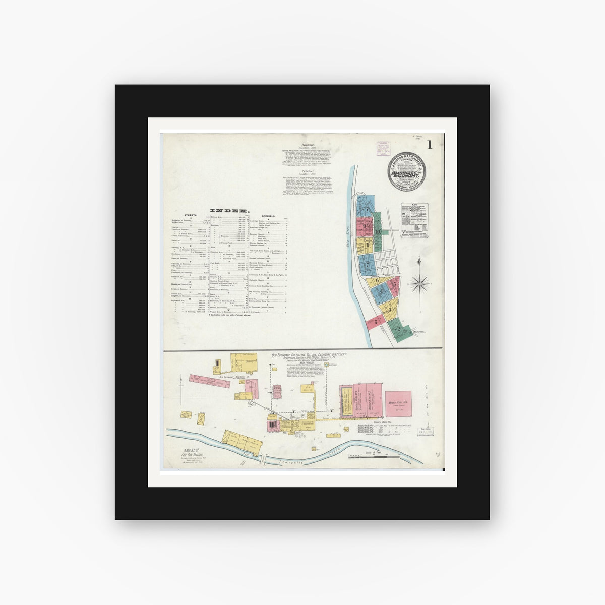 Old map wall art mockup — black gallery frame with white mat — Sanborn Fire Insurance Map from Ambridge, Beaver County, Pennsylvania (1905) - Complete Map Set