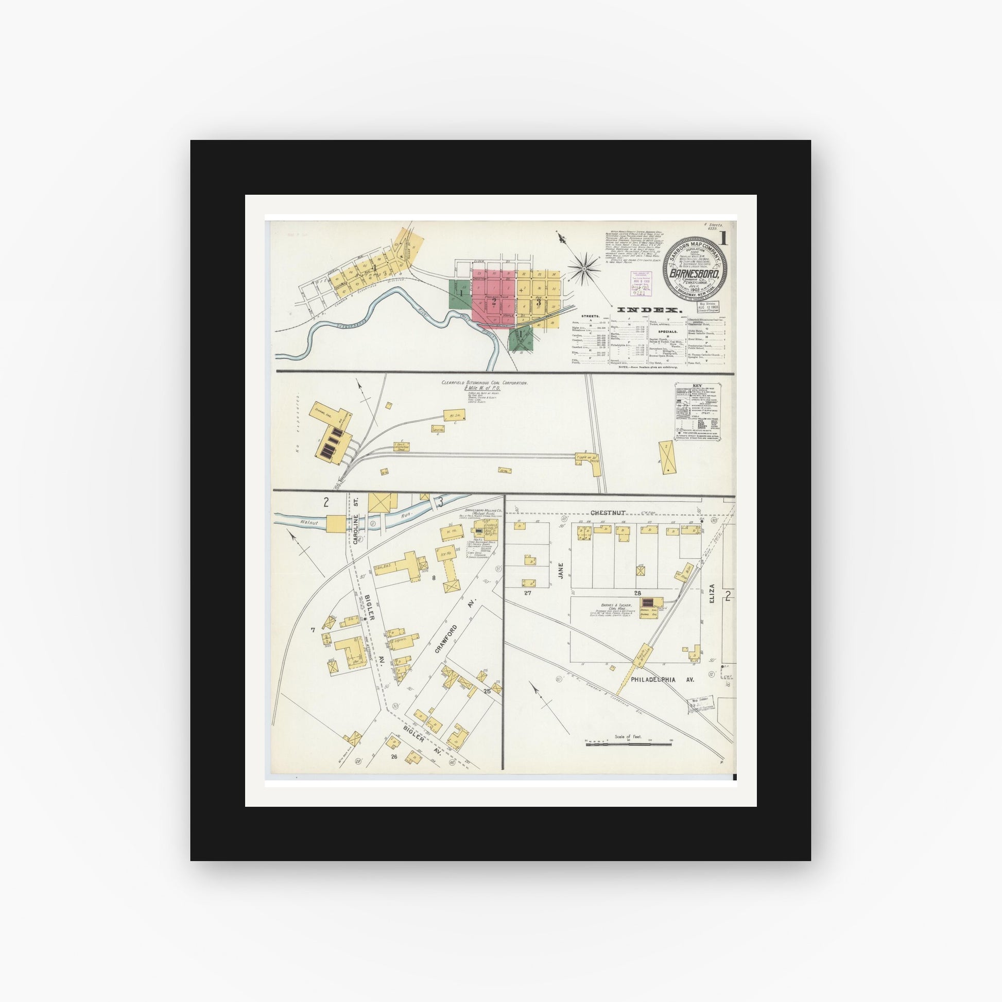 Old map wall art mockup — black gallery frame with white mat — Sanborn Fire Insurance Map from Barnesboro, Cambria County, Pennsylvania (1903) - Complete Map Set