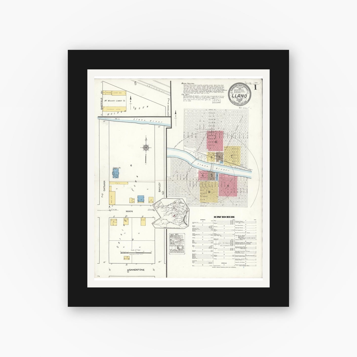 Old map wall art mockup — black gallery frame with white mat — Sanborn Fire Insurance Map from Llano, Llano County, Texas (1921), Sheet #0001
