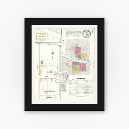 Old map wall art mockup — black gallery frame with white mat — Sanborn Fire Insurance Map from Llano, Llano County, Texas (1921), Sheet #0001