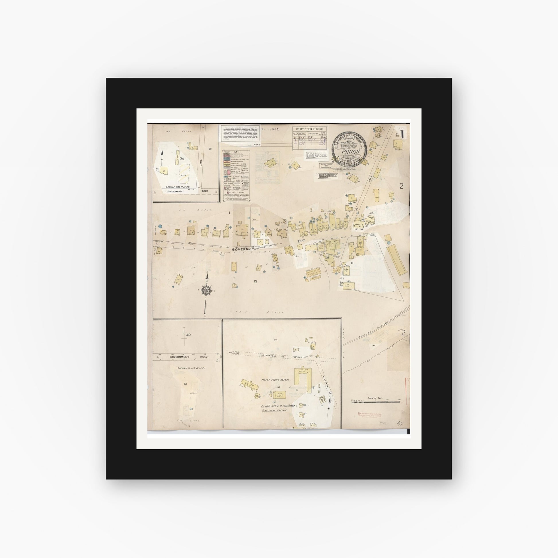 Old map wall art mockup — black gallery frame with white mat — Sanborn Fire Insurance Map from Pahoa, Hawaii County, Hawaii (1956), Sheet #0001