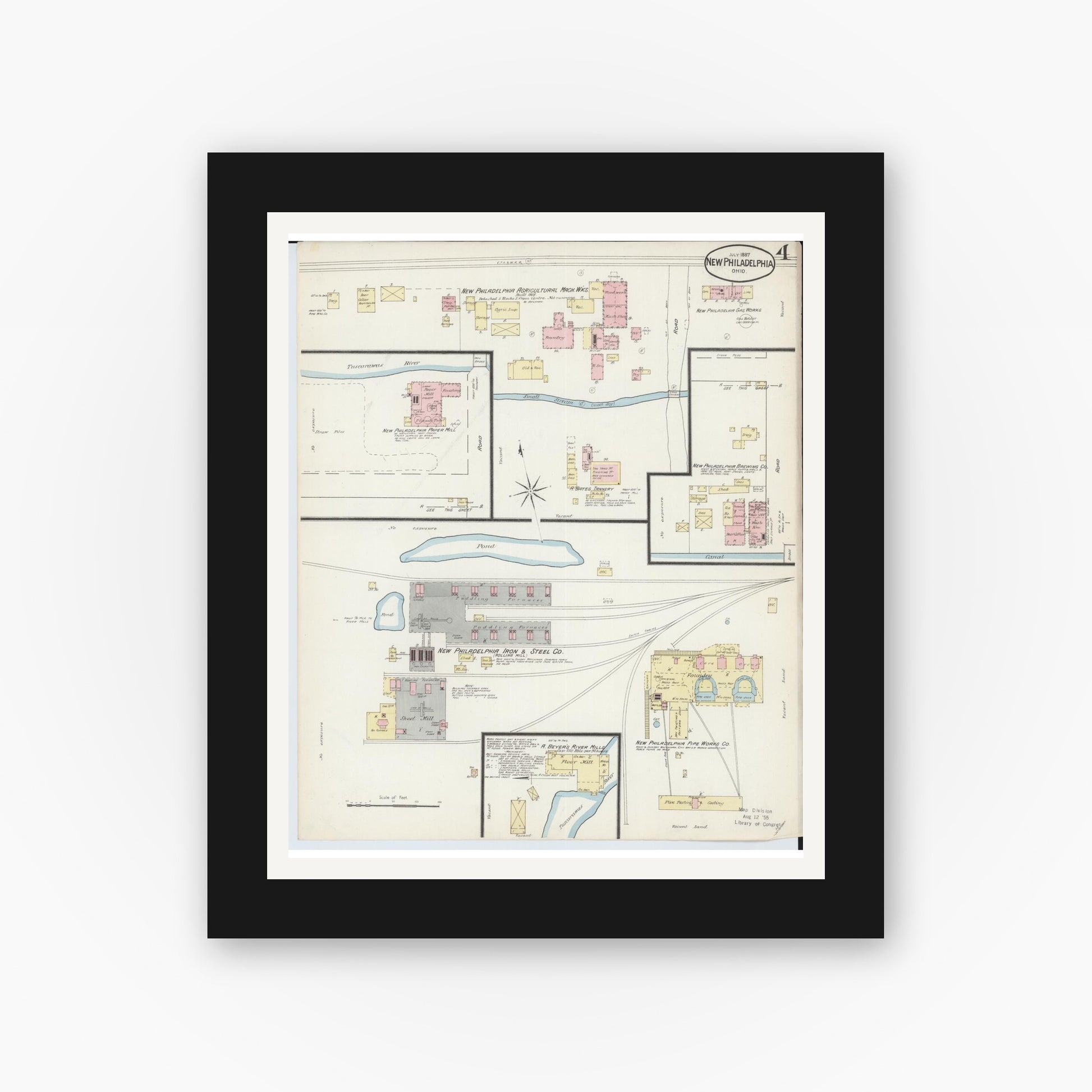 Old map wall art mockup — black gallery frame with white mat — Sanborn Fire Insurance Map from New Philadelphia, Tuscarawas County, Ohio (1887), Sheet #0004