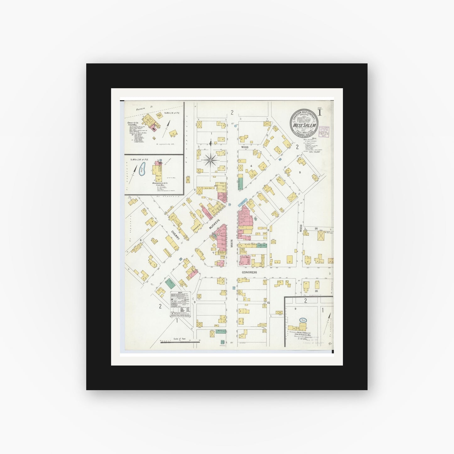Old map wall art mockup — black gallery frame with white mat — Sanborn Fire Insurance Map from West Salem, Wayne County, Ohio (1904) - Complete Map Set