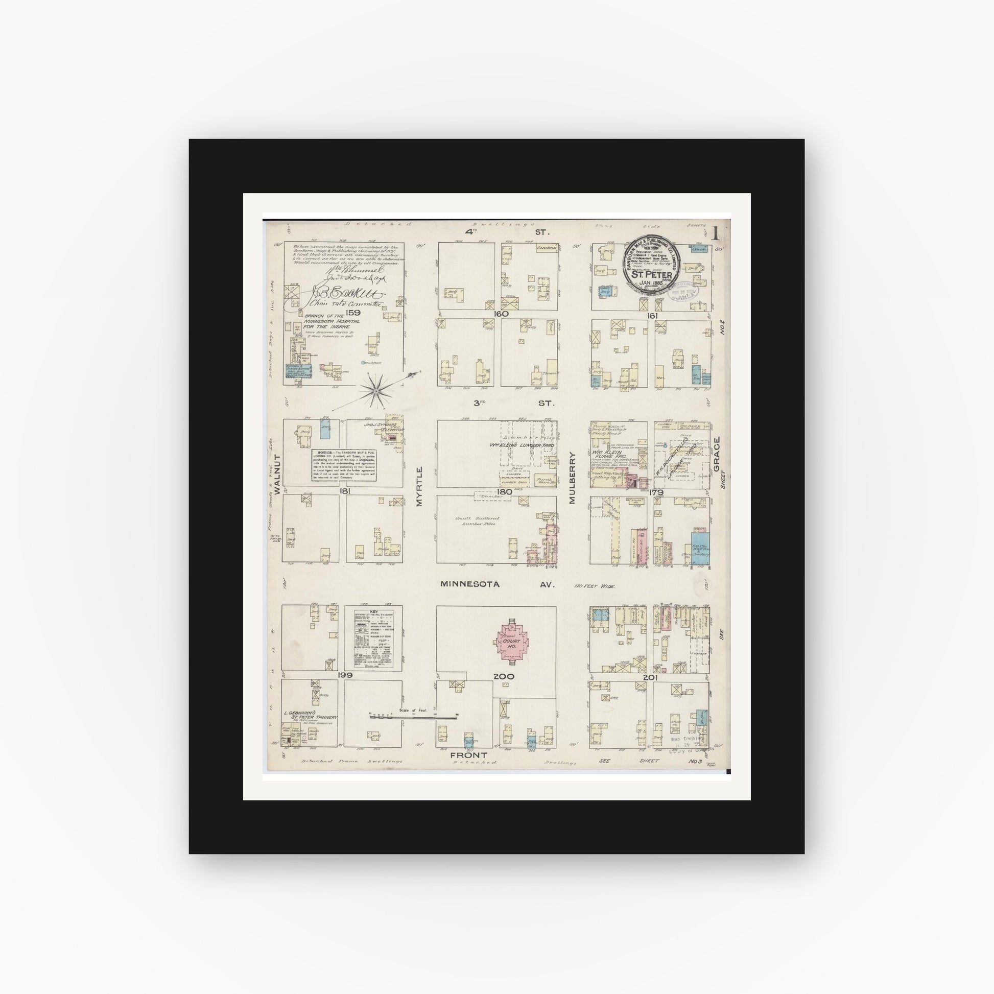 Old map wall art mockup — black gallery frame with white mat — Sanborn Fire Insurance Map from Saint Peter, Nicollet County, Minnesota (1885) - Complete Map Set