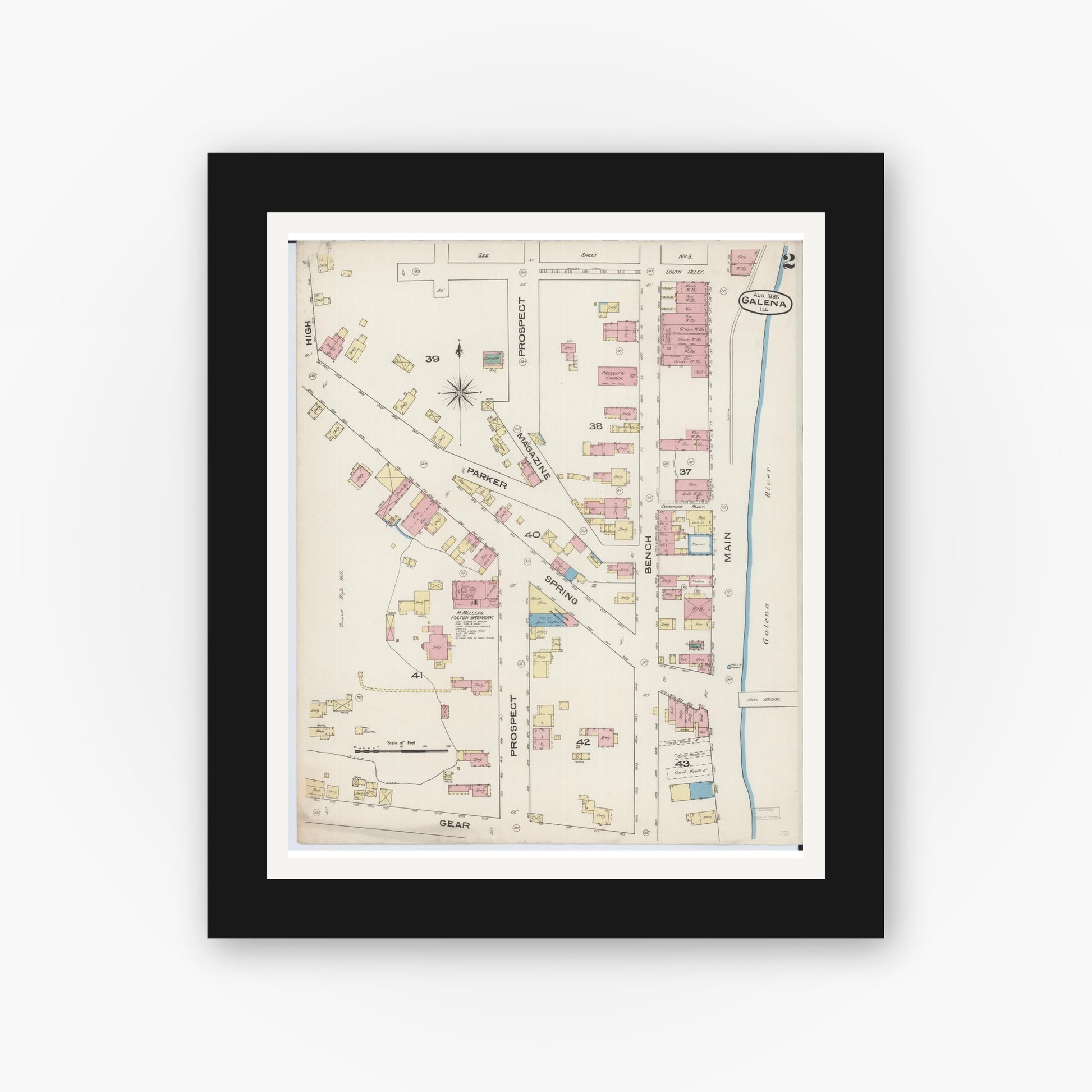 Old map wall art mockup — black gallery frame with white mat — Sanborn Fire Insurance Map from Galena, Jo Daviess County, Illinois (1885), Sheet #0002