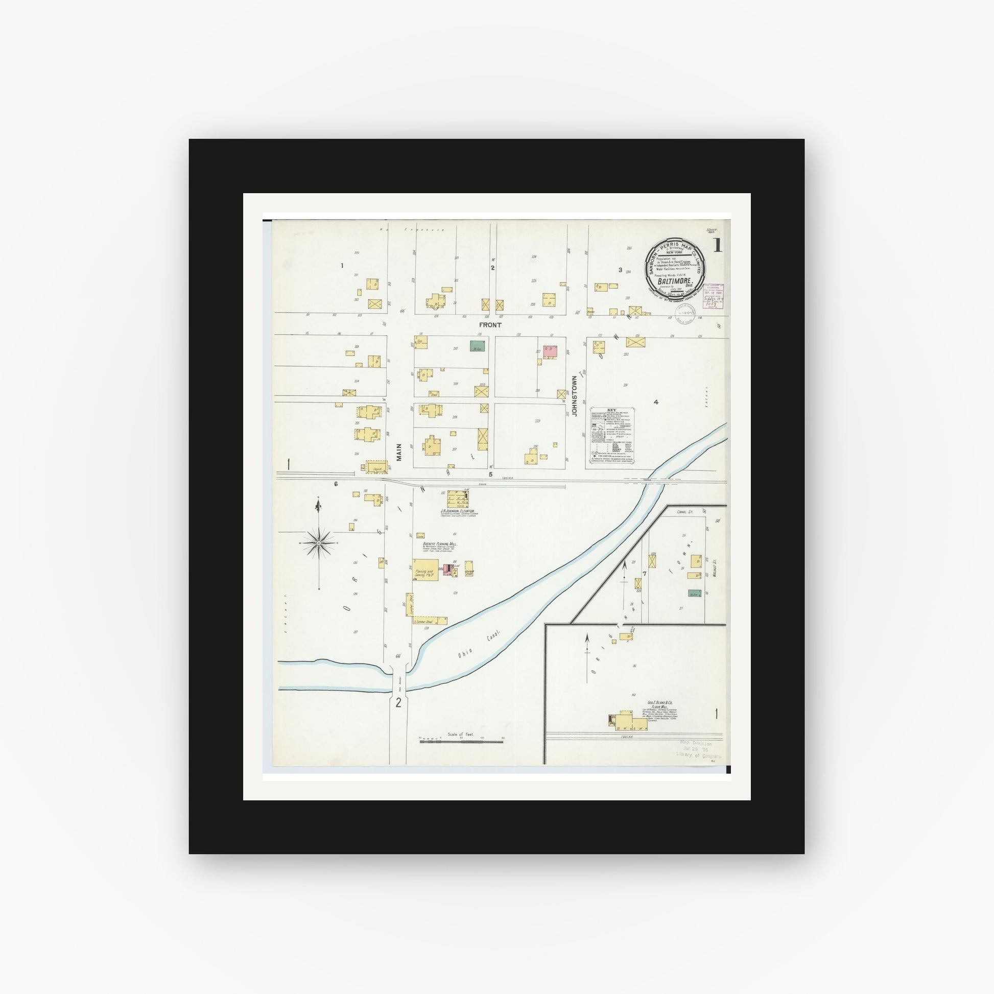 Old map wall art mockup — black gallery frame with white mat — Sanborn Fire Insurance Map from Baltimore, Fairfield County, Ohio (1901), Sheet #0001