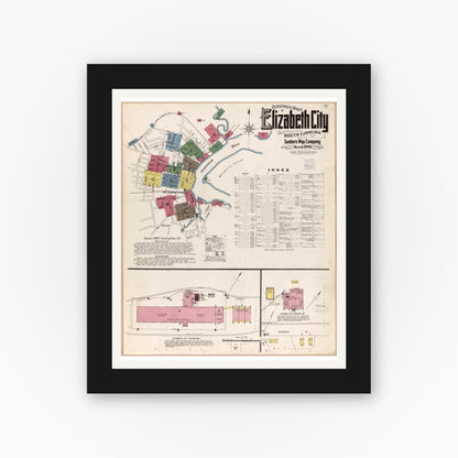 Old map wall art mockup — black gallery frame with white mat — Sanborn Fire Insurance Map from Elizabeth City, Pasquotank County, North Carolina (1908), Sheet #0001