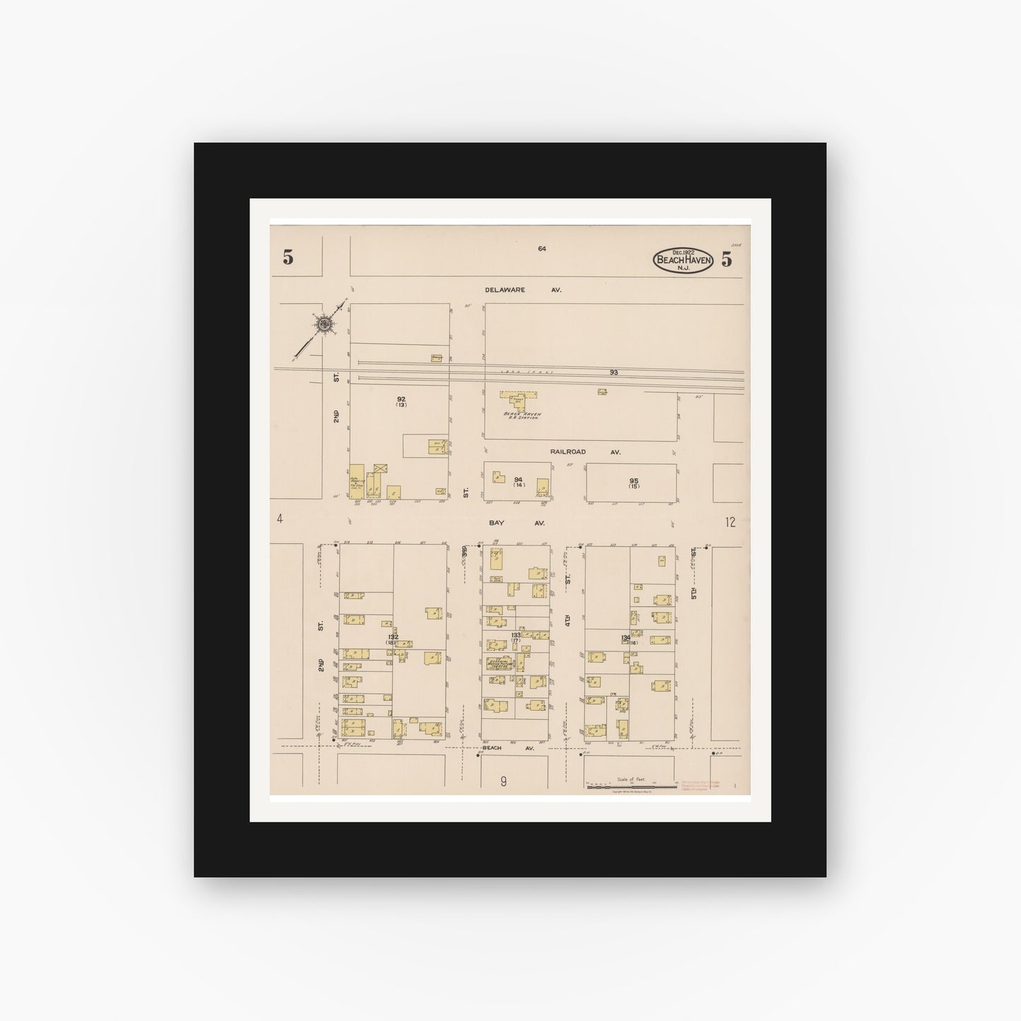 Old map wall art mockup — black gallery frame with white mat — Sanborn Fire Insurance Map from Beach Haven, Ocean County, New Jersey (1922), Sheet #0005