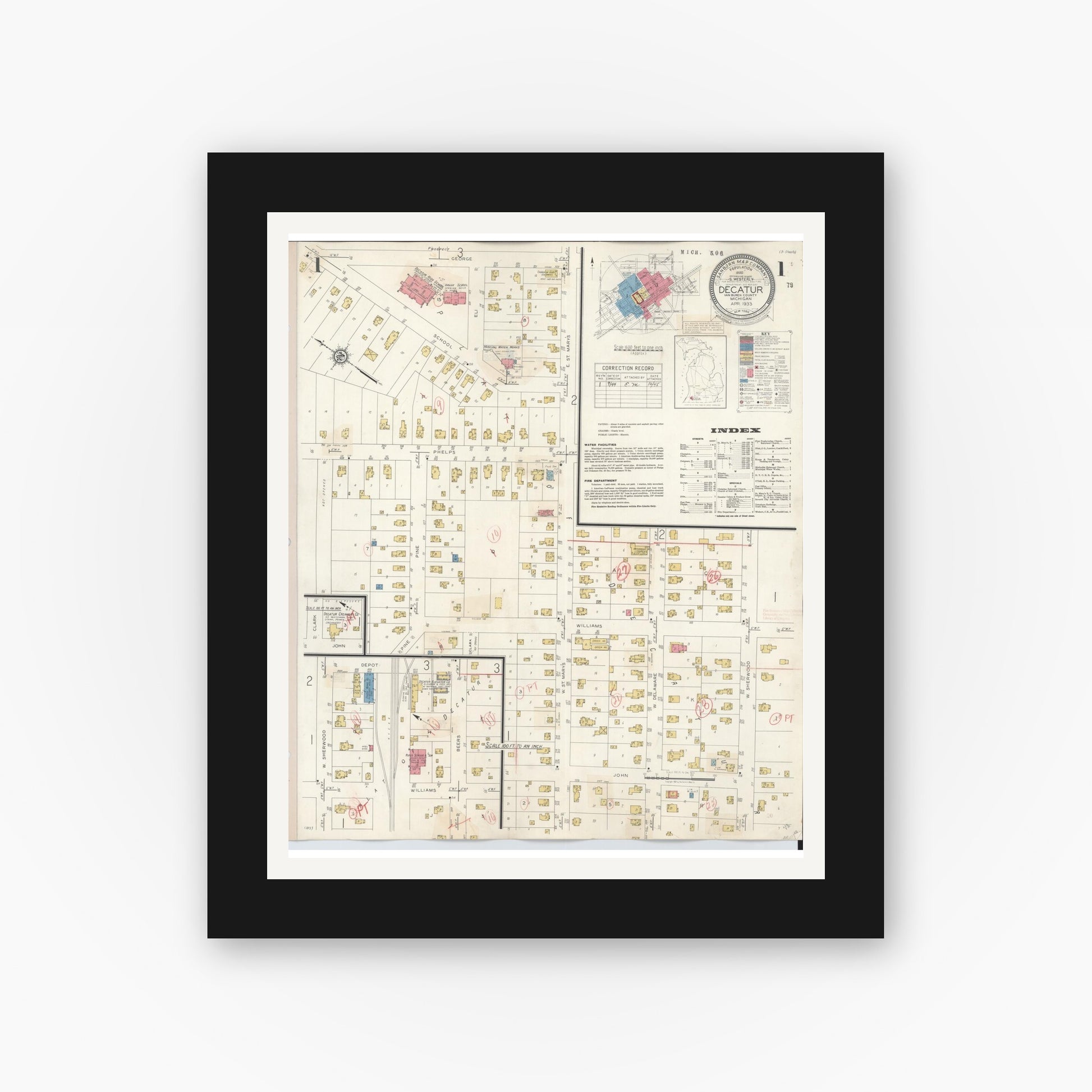 Old map wall art mockup — black gallery frame with white mat — Sanborn Fire Insurance Map from Decatur, Van Buren County, Michigan (1944), Sheet #0001