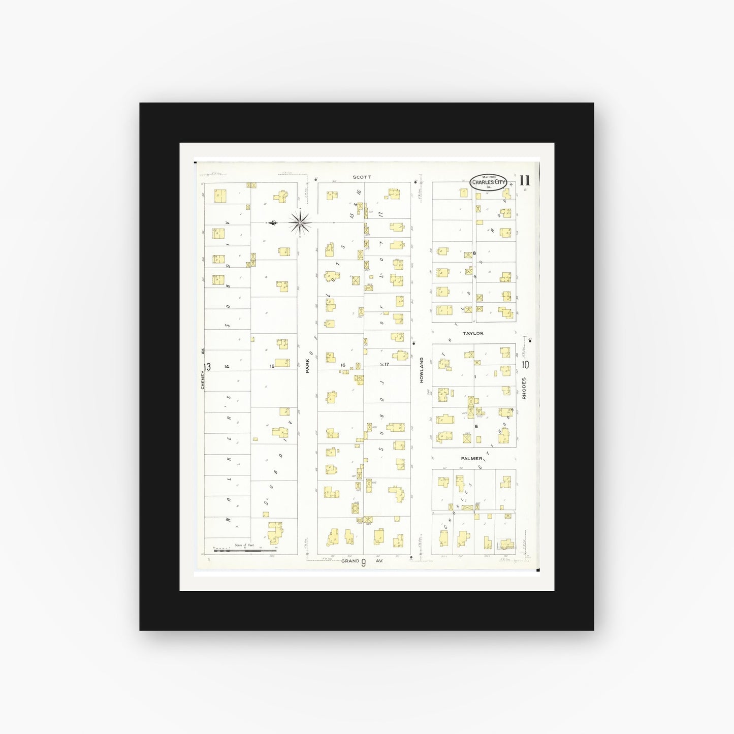 Old map wall art mockup — black gallery frame with white mat — Sanborn Fire Insurance Map from Charles City, Floyd County, Iowa (1909), Sheet #0011