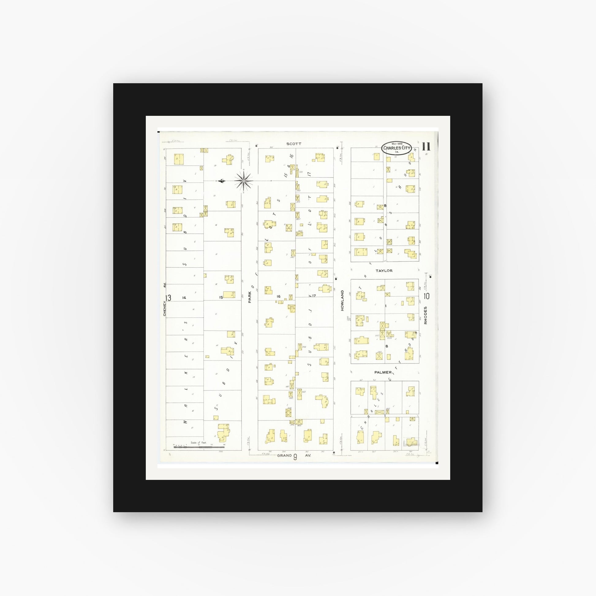Old map wall art mockup — black gallery frame with white mat — Sanborn Fire Insurance Map from Charles City, Floyd County, Iowa (1909), Sheet #0011