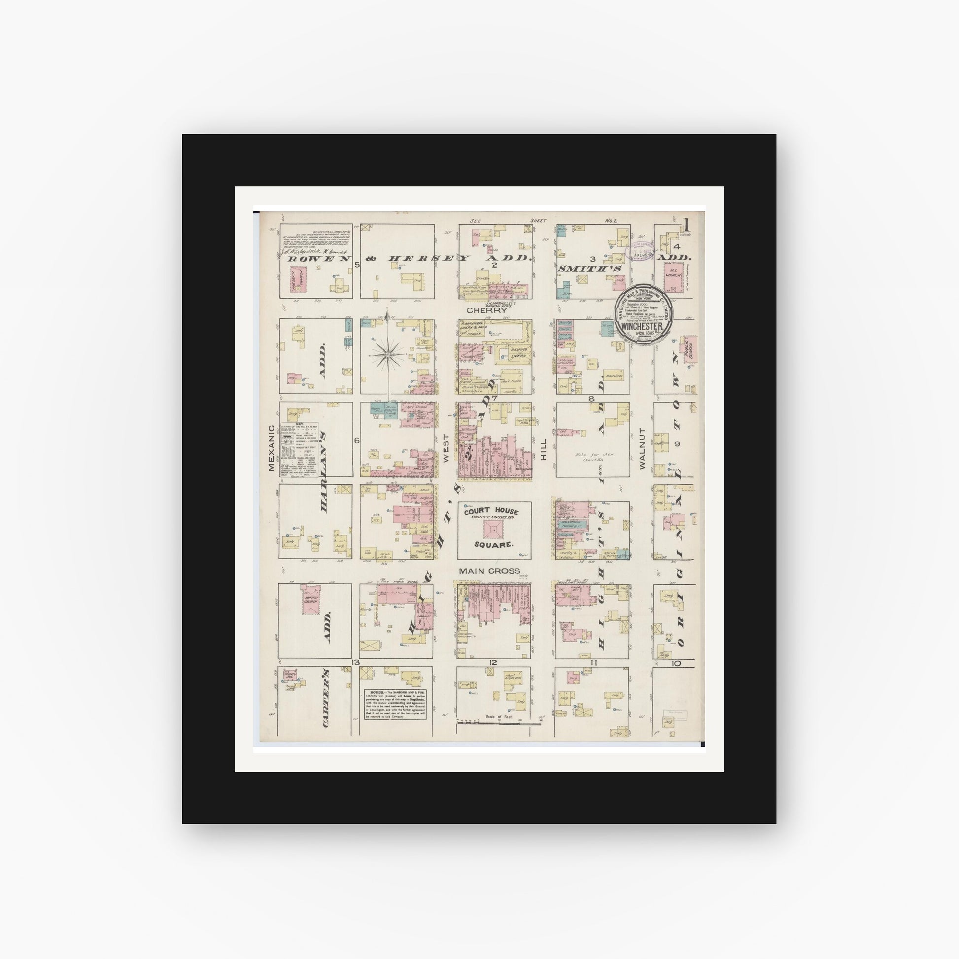 Old map wall art mockup — black gallery frame with white mat — Sanborn Fire Insurance Map from Winchester, Scott County, Illinois (1885) - Complete Map Set