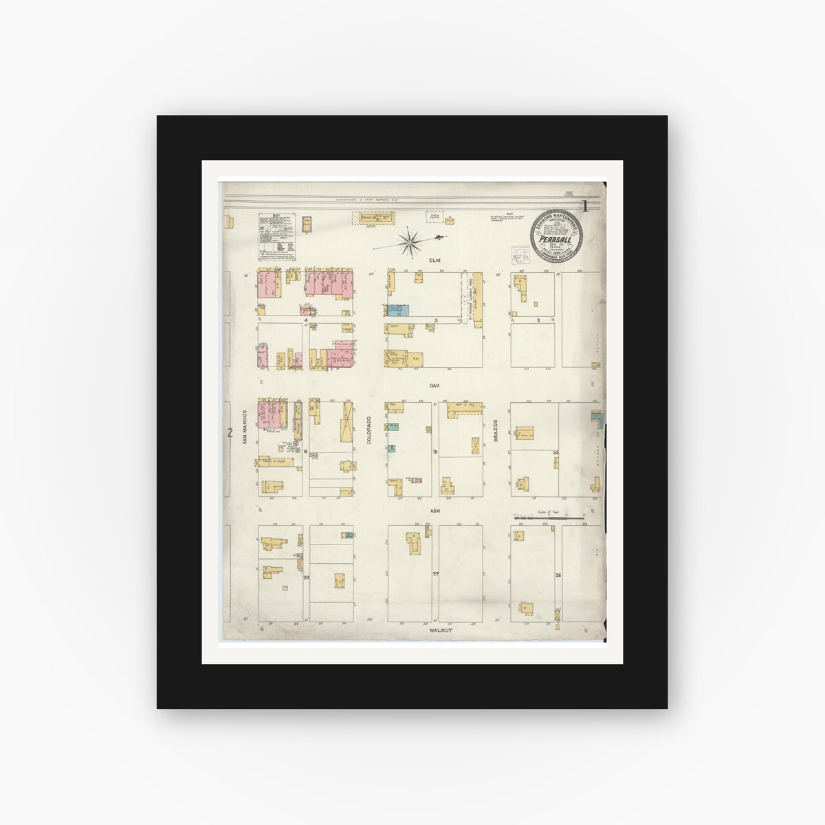 Old map wall art mockup — black gallery frame with white mat — Sanborn Fire Insurance Map from Pearsall, Frio County, Texas (1906) - Complete Map Set