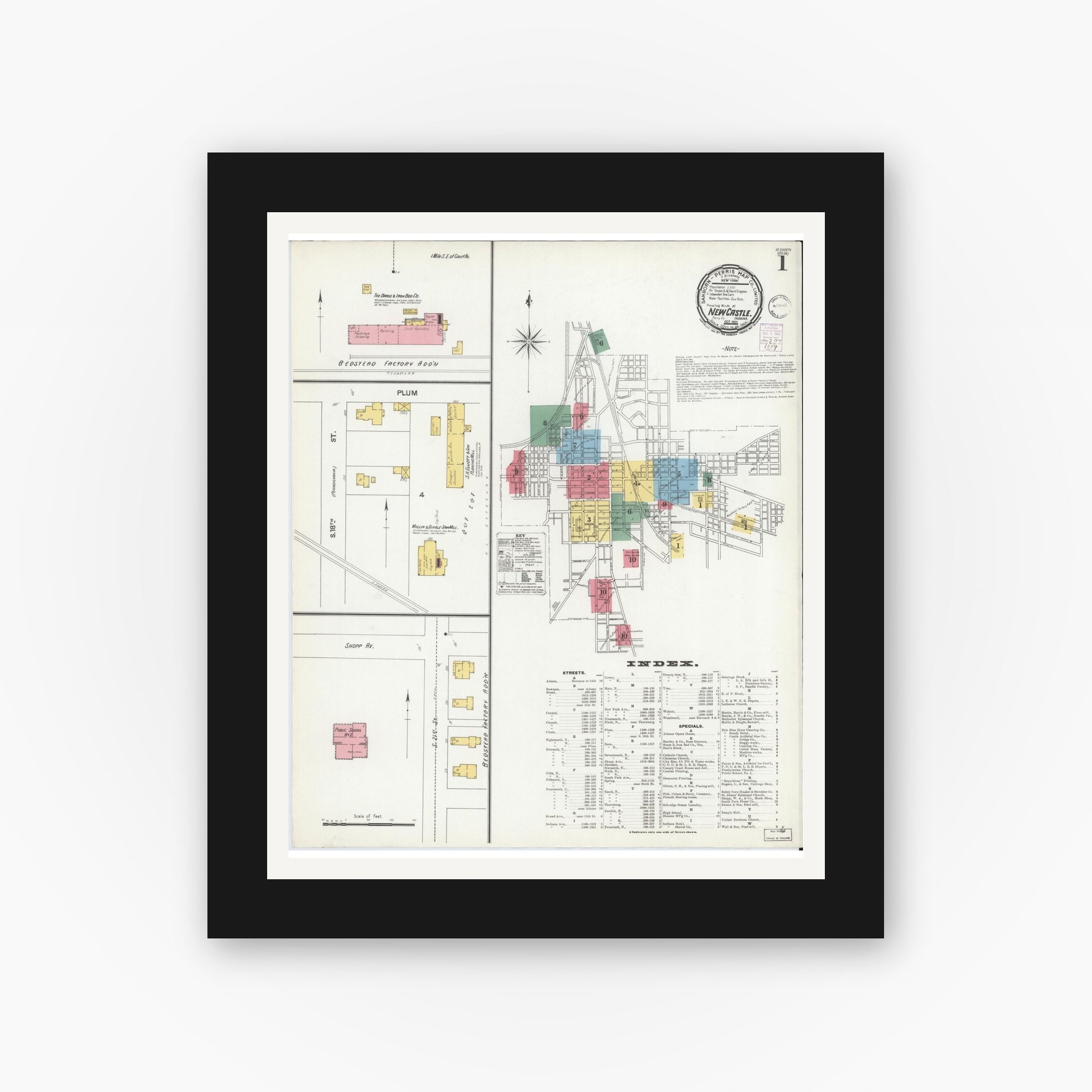 Old map wall art mockup — black gallery frame with white mat — Sanborn Fire Insurance Map from New Castle, Henry County, Indiana (1901) - Complete Map Set