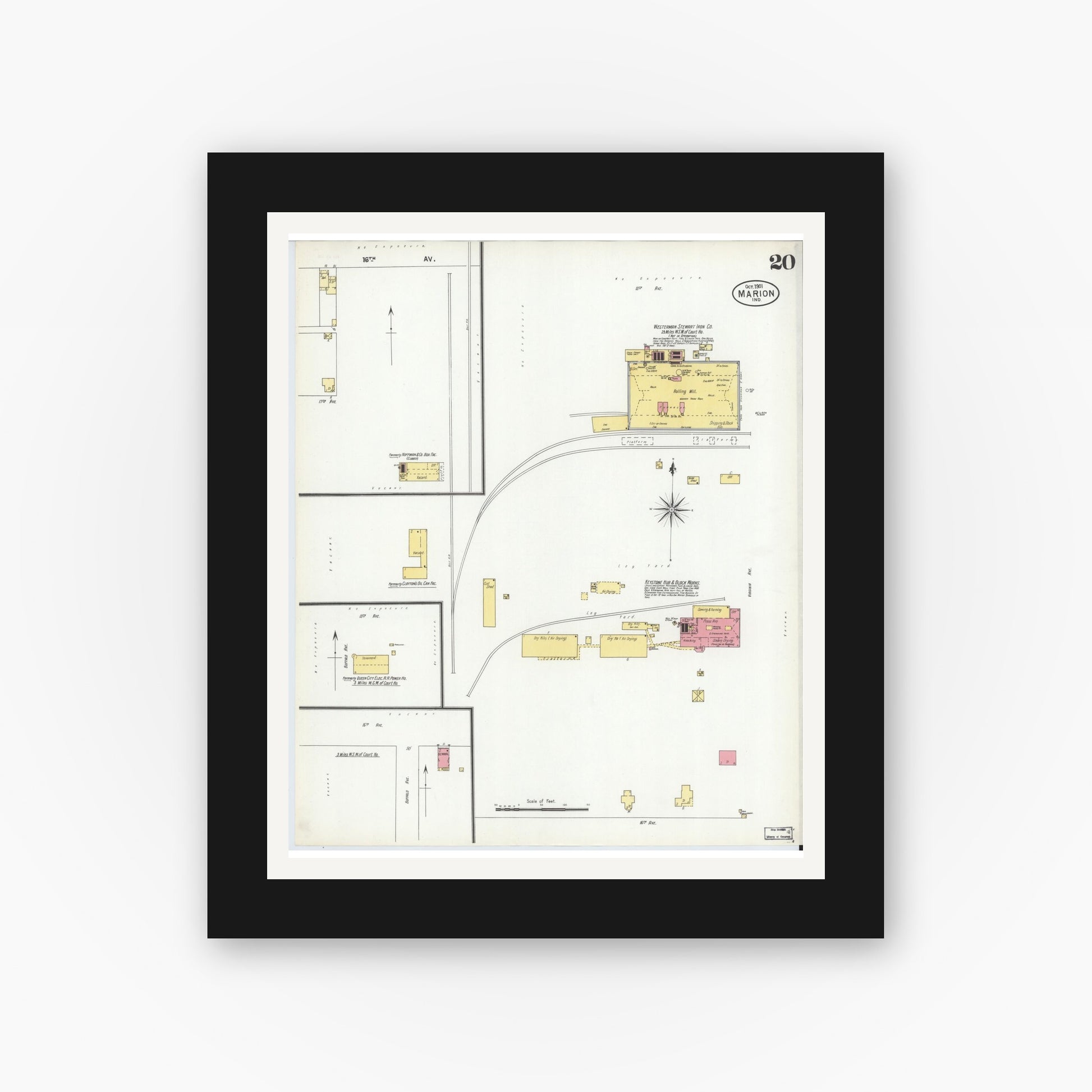 Old map wall art mockup — black gallery frame with white mat — Sanborn Fire Insurance Map from Marion, Grant County, Indiana (1901), Sheet #0020