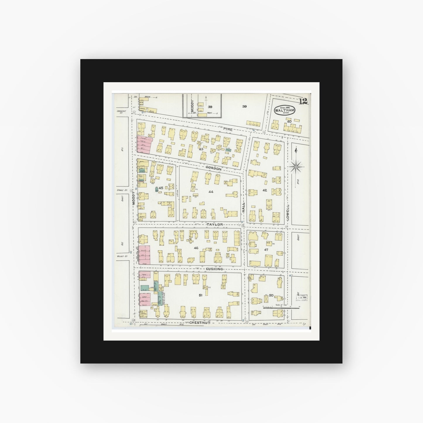 Old map wall art mockup — black gallery frame with white mat — Sanborn Fire Insurance Map from Waltham, Middlesex County, Massachusetts (1892), Sheet #0012