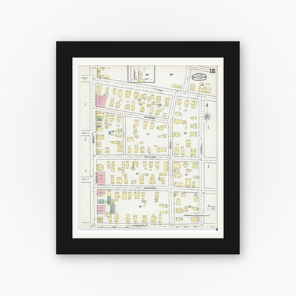Old map wall art mockup — black gallery frame with white mat — Sanborn Fire Insurance Map from Waltham, Middlesex County, Massachusetts (1892), Sheet #0012