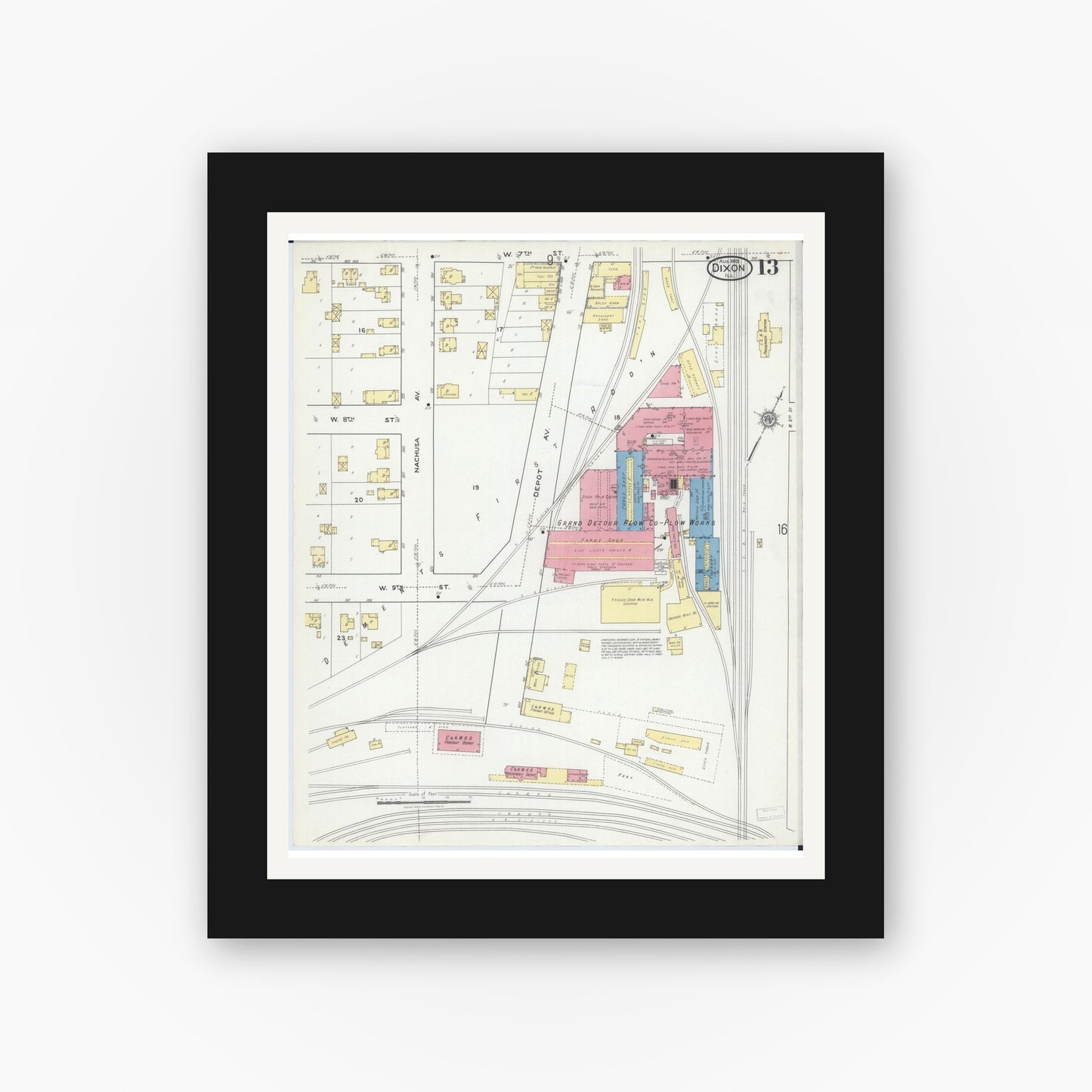 Old map wall art mockup — black gallery frame with white mat — Sanborn Fire Insurance Map from Dixon, Lee County, Illinois (1918), Sheet #0013