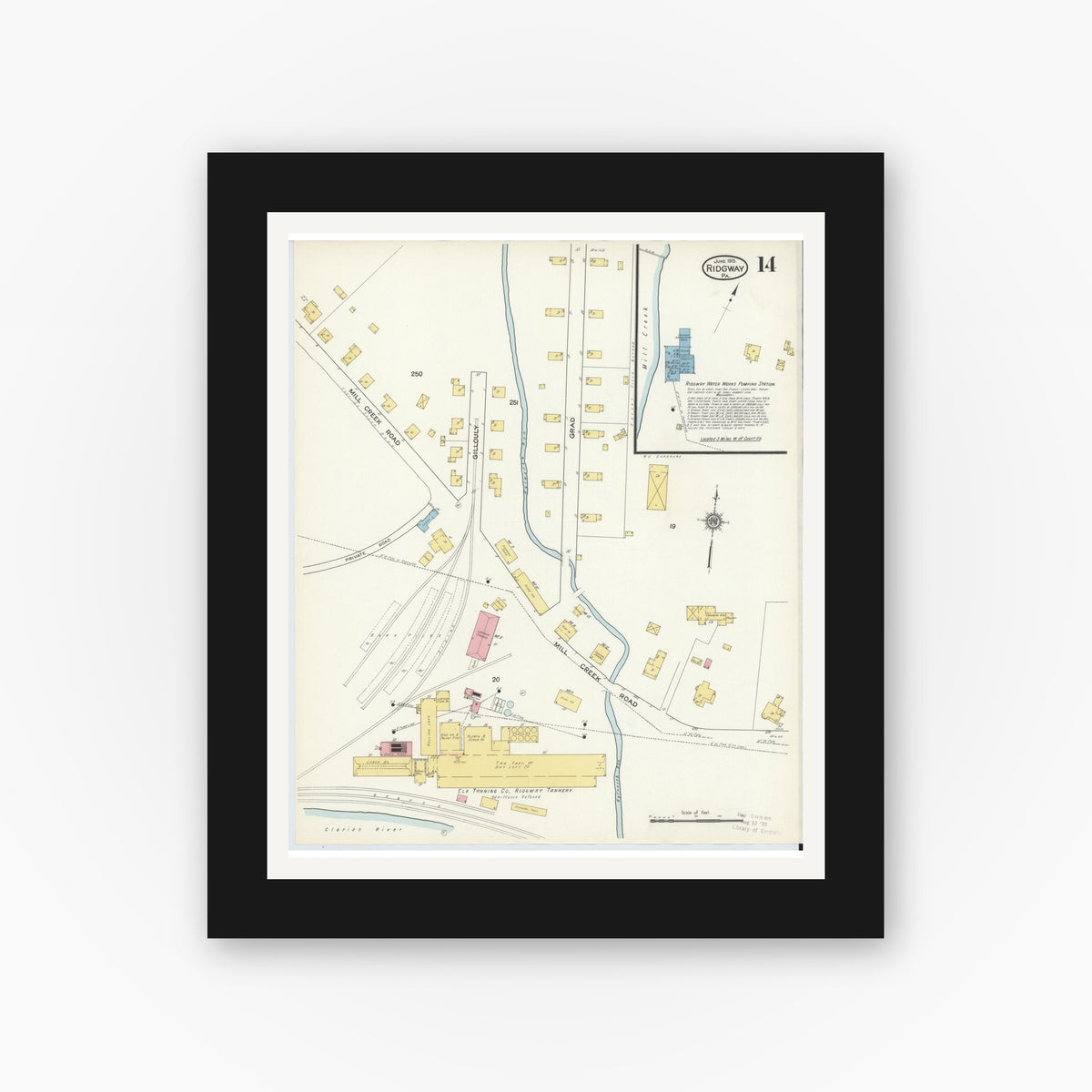 Old map wall art mockup — black gallery frame with white mat — Sanborn Fire Insurance Map from Ridgway, Elk County, Pennsylvania (1915), Sheet #0014