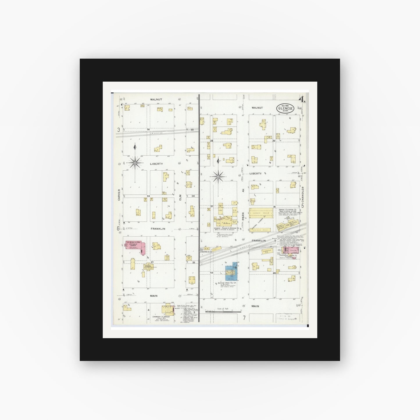 Old map wall art mockup — black gallery frame with white mat — Sanborn Fire Insurance Map from Glencoe, Mcleod County, Minnesota (1908), Sheet #0004