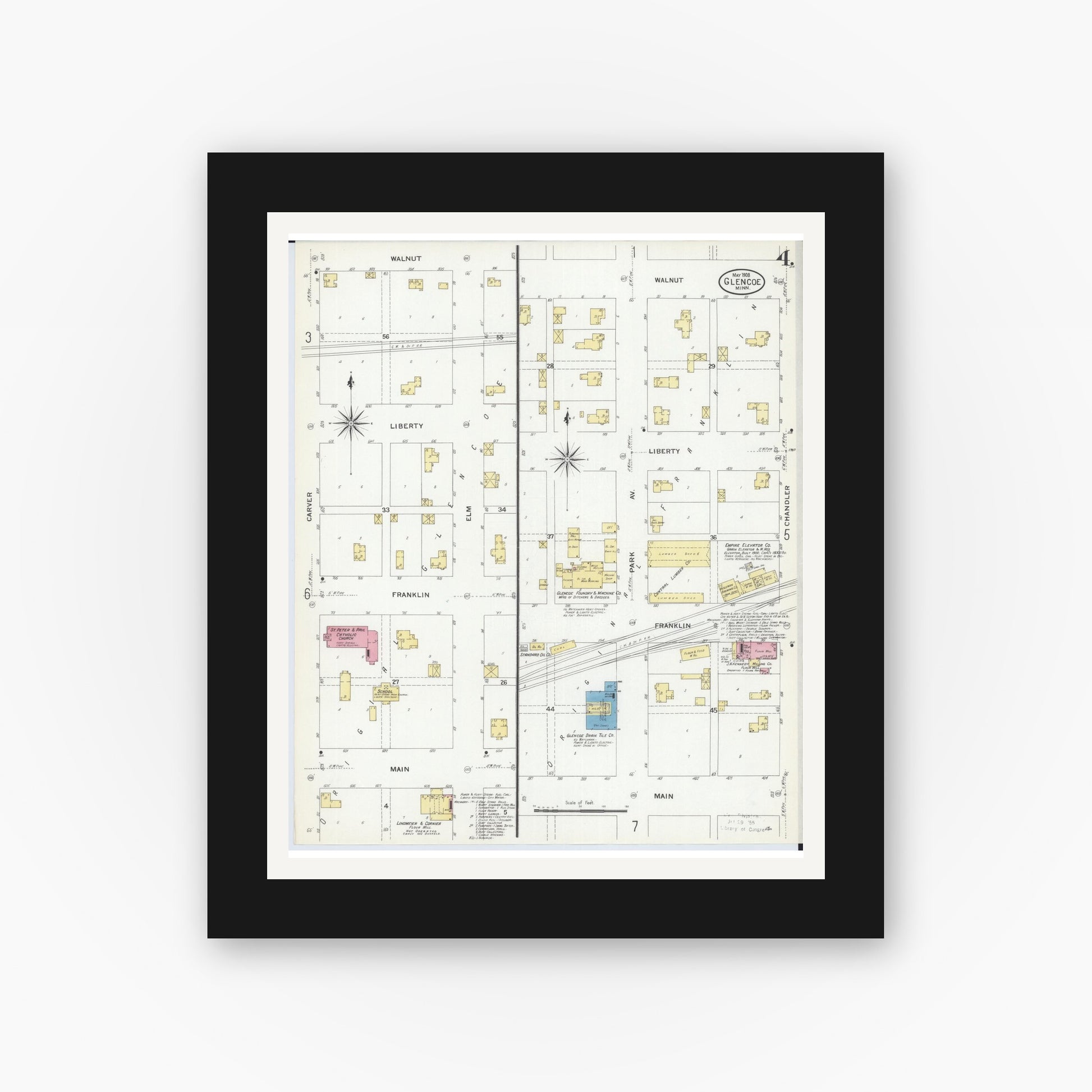 Old map wall art mockup — black gallery frame with white mat — Sanborn Fire Insurance Map from Glencoe, Mcleod County, Minnesota (1908), Sheet #0004