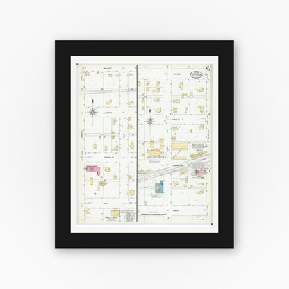 Old map wall art mockup — black gallery frame with white mat — Sanborn Fire Insurance Map from Glencoe, Mcleod County, Minnesota (1908), Sheet #0004