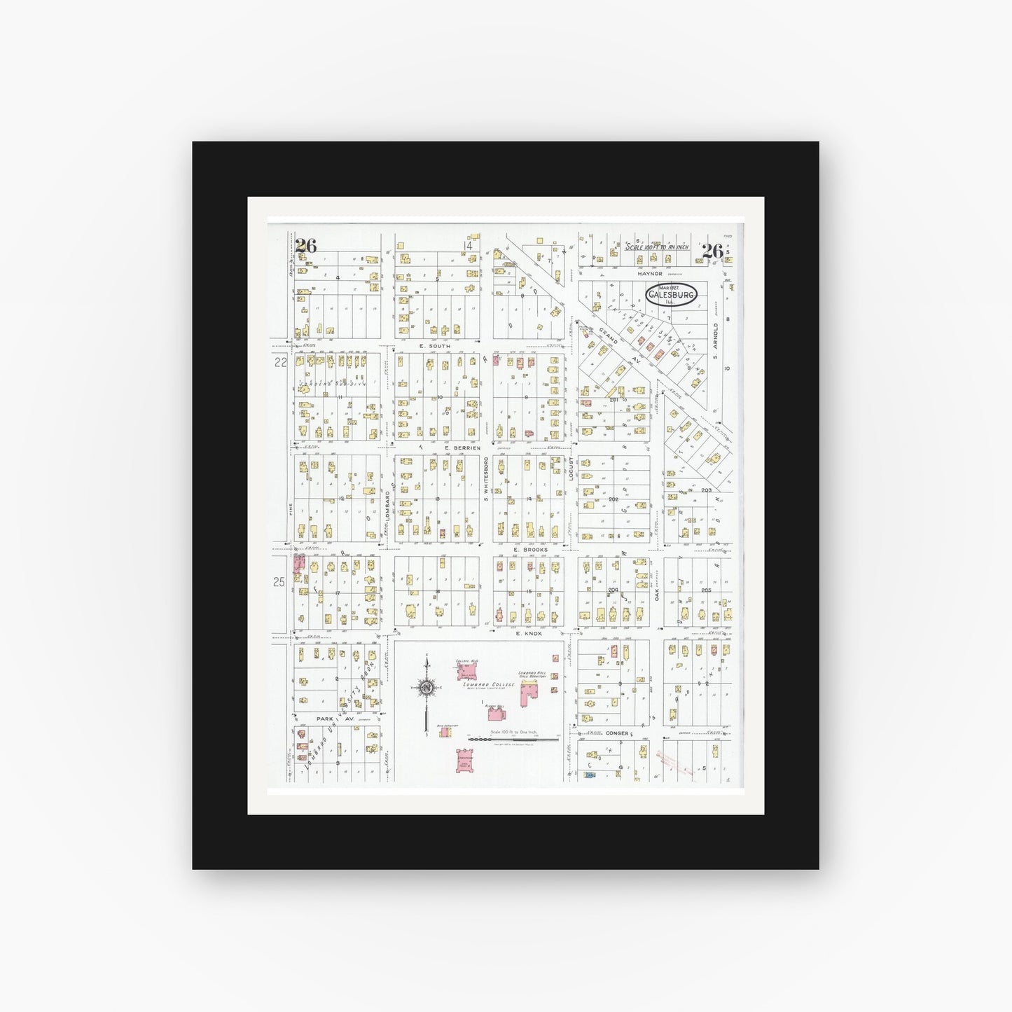 Old map wall art mockup — black gallery frame with white mat — Sanborn Fire Insurance Map from Galesburg, Knox County, Illinois (1927), Sheet #0026