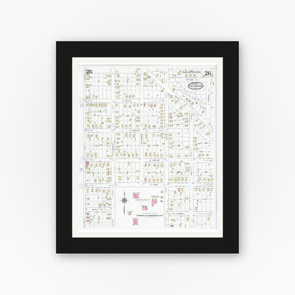 Old map wall art mockup — black gallery frame with white mat — Sanborn Fire Insurance Map from Galesburg, Knox County, Illinois (1927), Sheet #0026