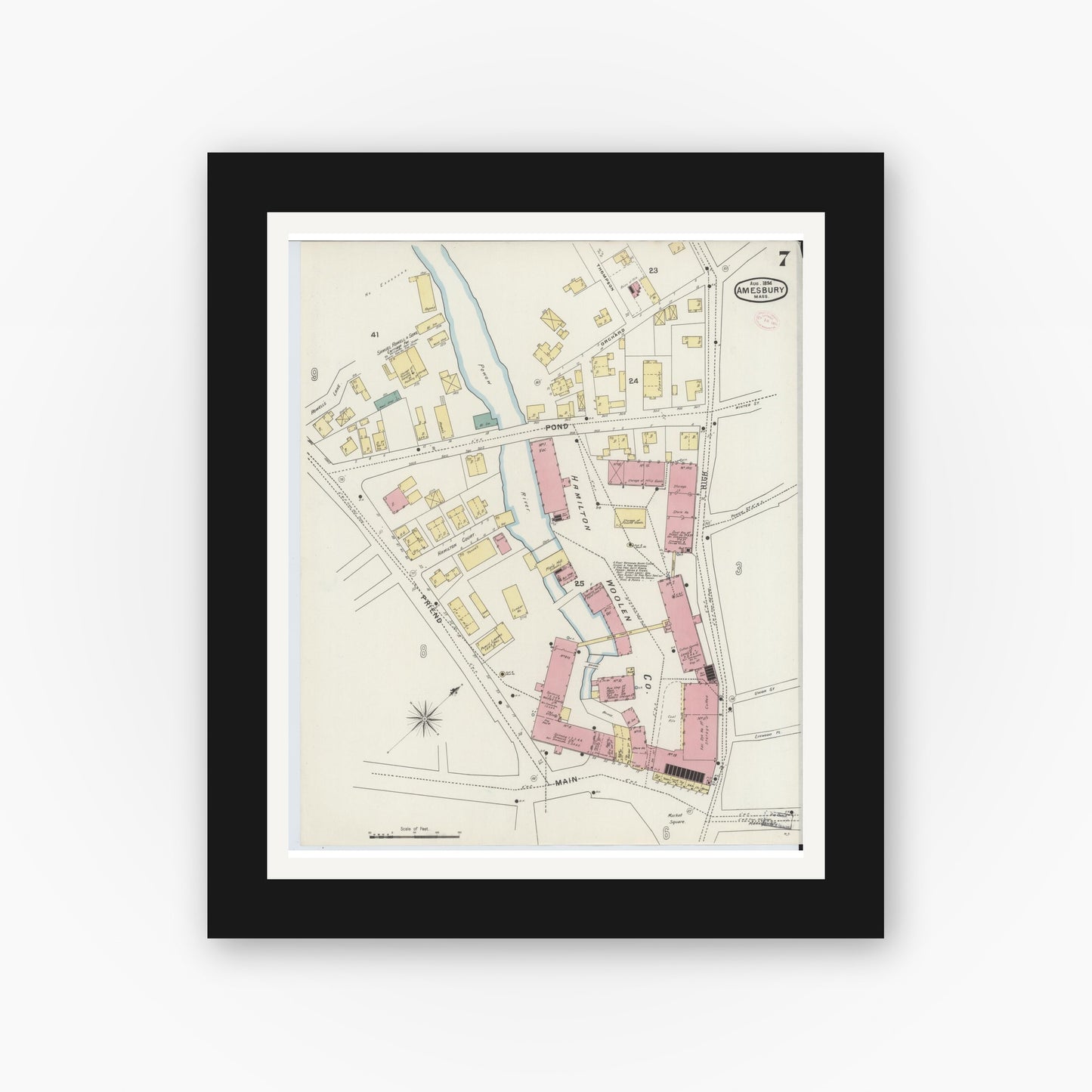 Old map wall art mockup — black gallery frame with white mat — Sanborn Fire Insurance Map from Amesbury, Essex County, Massachusetts (1894), Sheet #0007