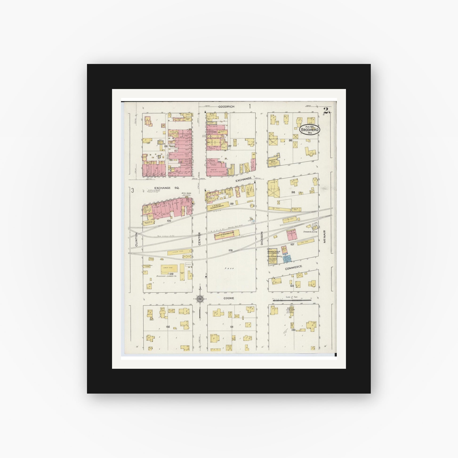 Old map wall art mockup — black gallery frame with white mat — Sanborn Fire Insurance Map from Brodhead, Green County, Wisconsin (1915), Sheet #0002