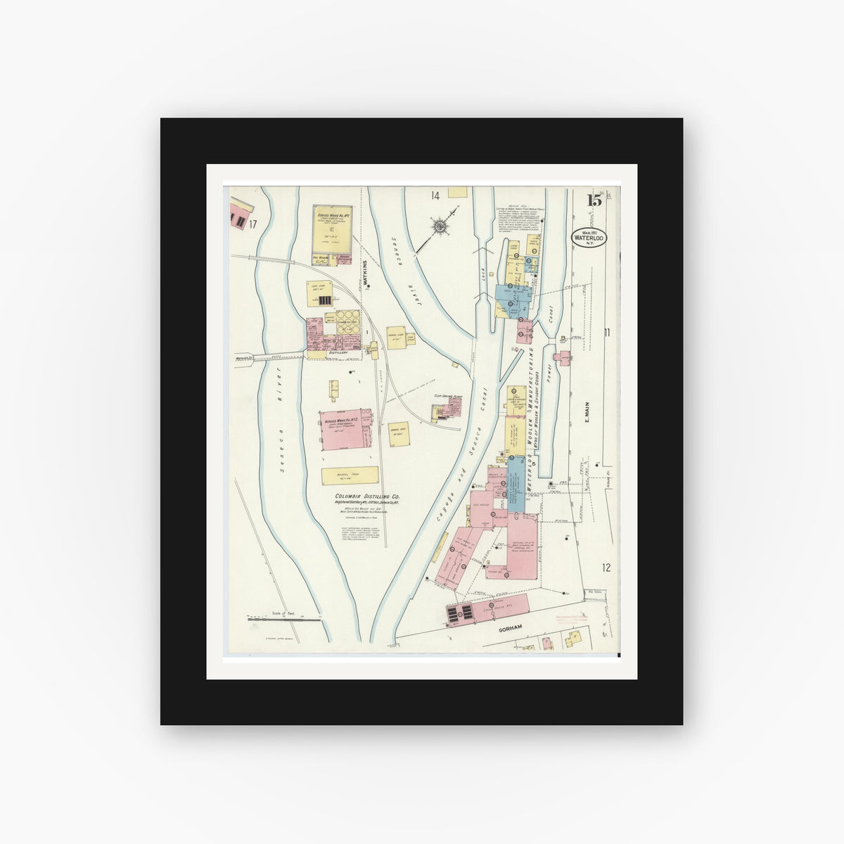 Old map wall art mockup — black gallery frame with white mat — Sanborn Fire Insurance Map from Waterloo, Seneca County, New York (1911), Sheet #0015