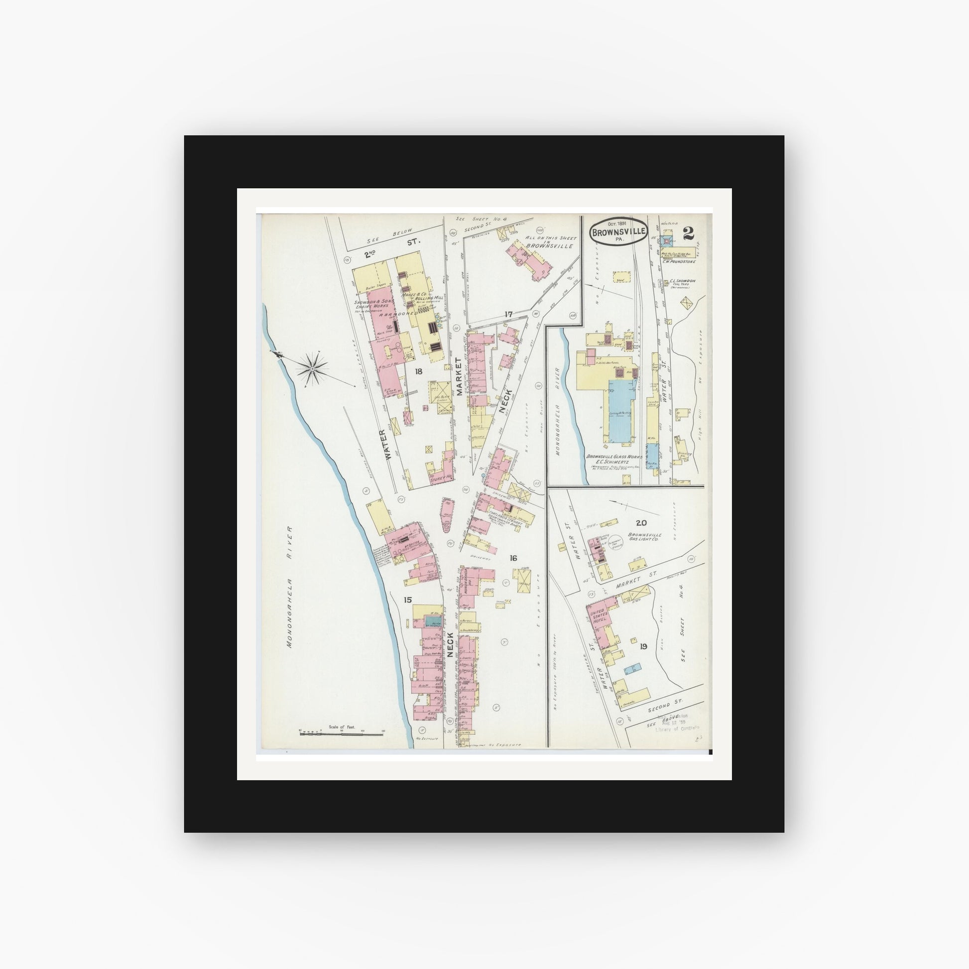 Old map wall art mockup — black gallery frame with white mat — Sanborn Fire Insurance Map from Brownsville, Fayette County, Pennsylvania (1891), Sheet #0002