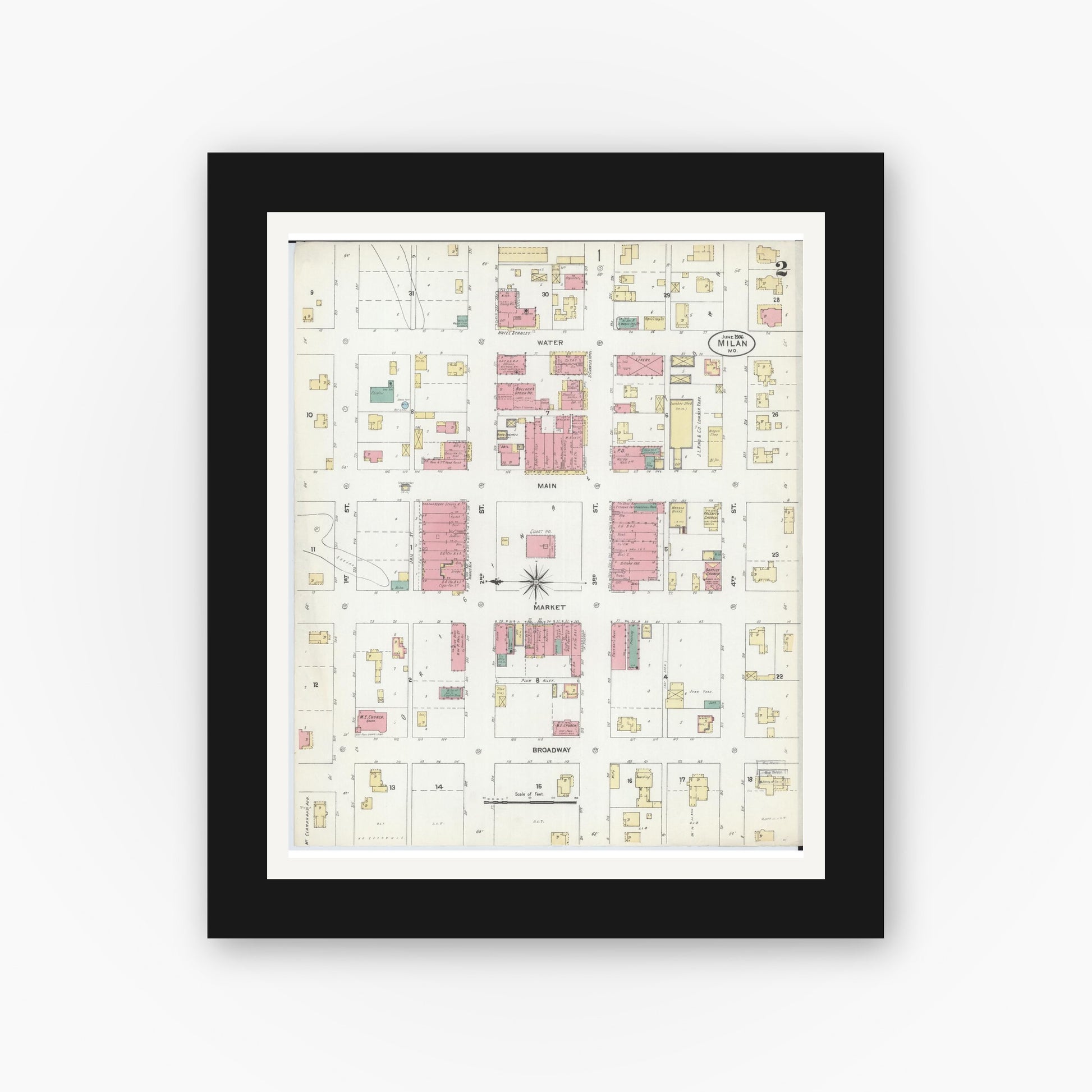 Old map wall art mockup — black gallery frame with white mat — Sanborn Fire Insurance Map from Milan, Sullivan County, Missouri (1906), Sheet #0002