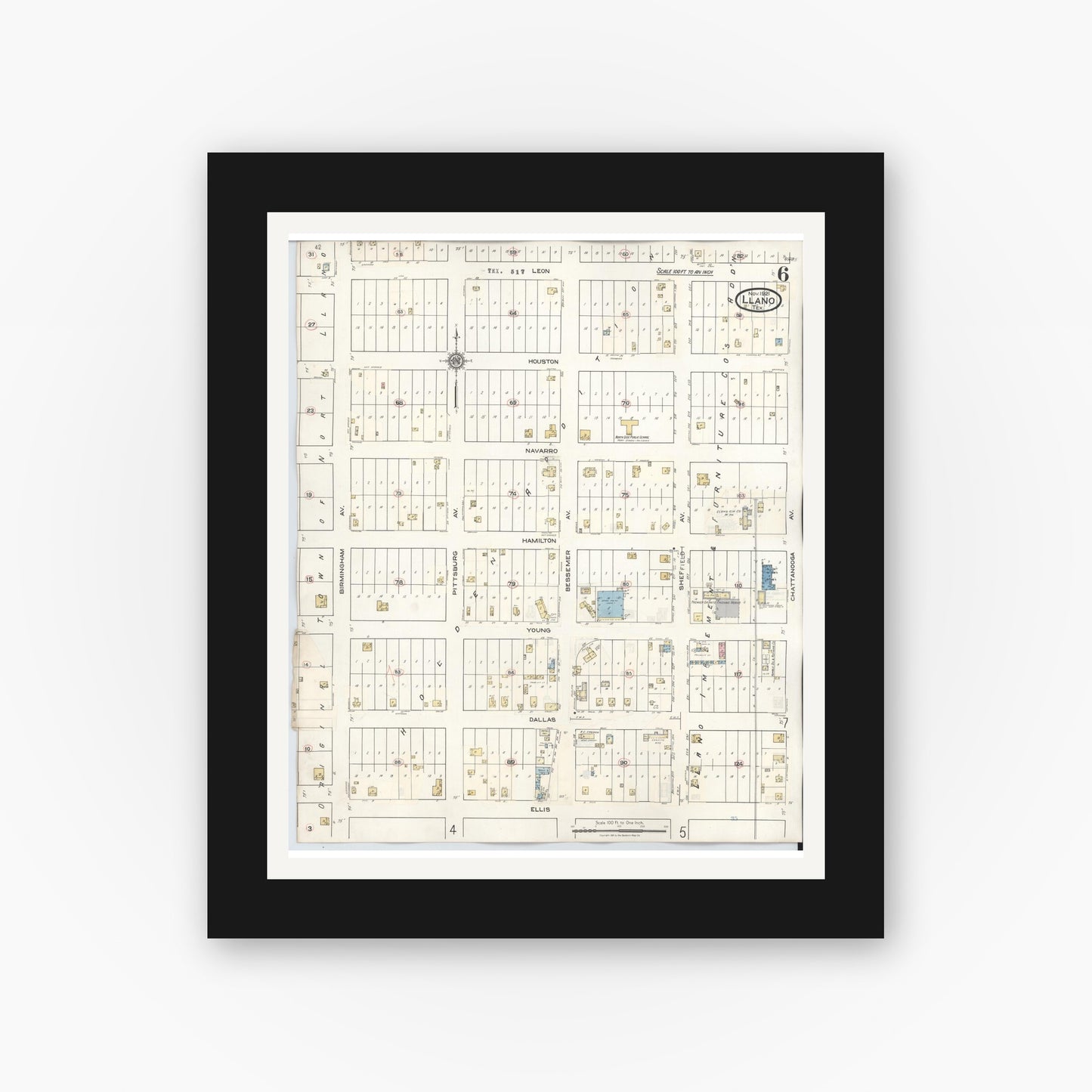 Old map wall art mockup — black gallery frame with white mat — Sanborn Fire Insurance Map from Llano, Llano County, Texas (1942), Sheet #0006