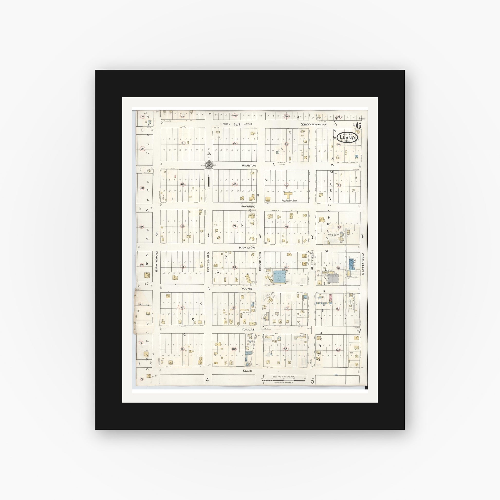Old map wall art mockup — black gallery frame with white mat — Sanborn Fire Insurance Map from Llano, Llano County, Texas (1942), Sheet #0006