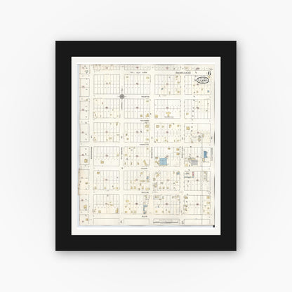 Old map wall art mockup — black gallery frame with white mat — Sanborn Fire Insurance Map from Llano, Llano County, Texas (1942), Sheet #0006