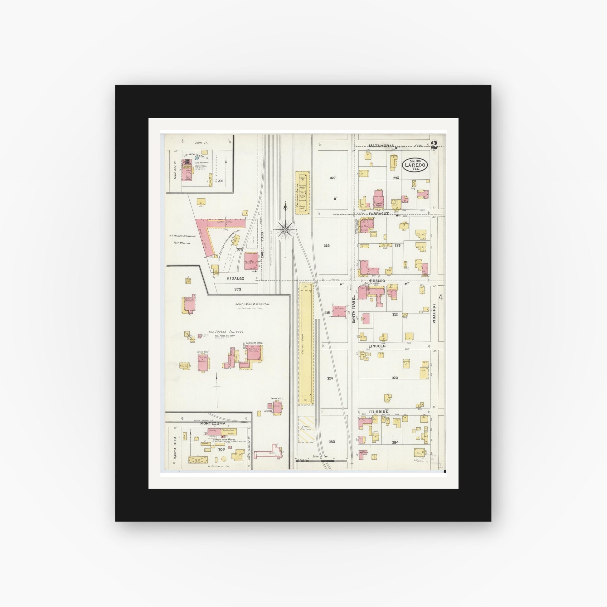 Old map wall art mockup — black gallery frame with white mat — Sanborn Fire Insurance Map from Laredo, Webb County, Texas (1905), Sheet #0002
