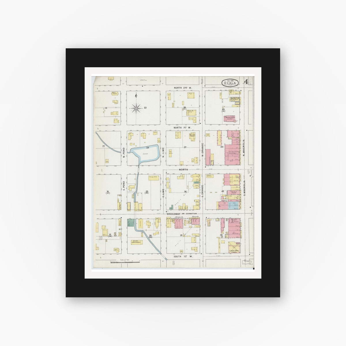 Old map wall art mockup — black gallery frame with white mat — Sanborn Fire Insurance Map from Ocala, Marion County, Florida (1895), Sheet #0004