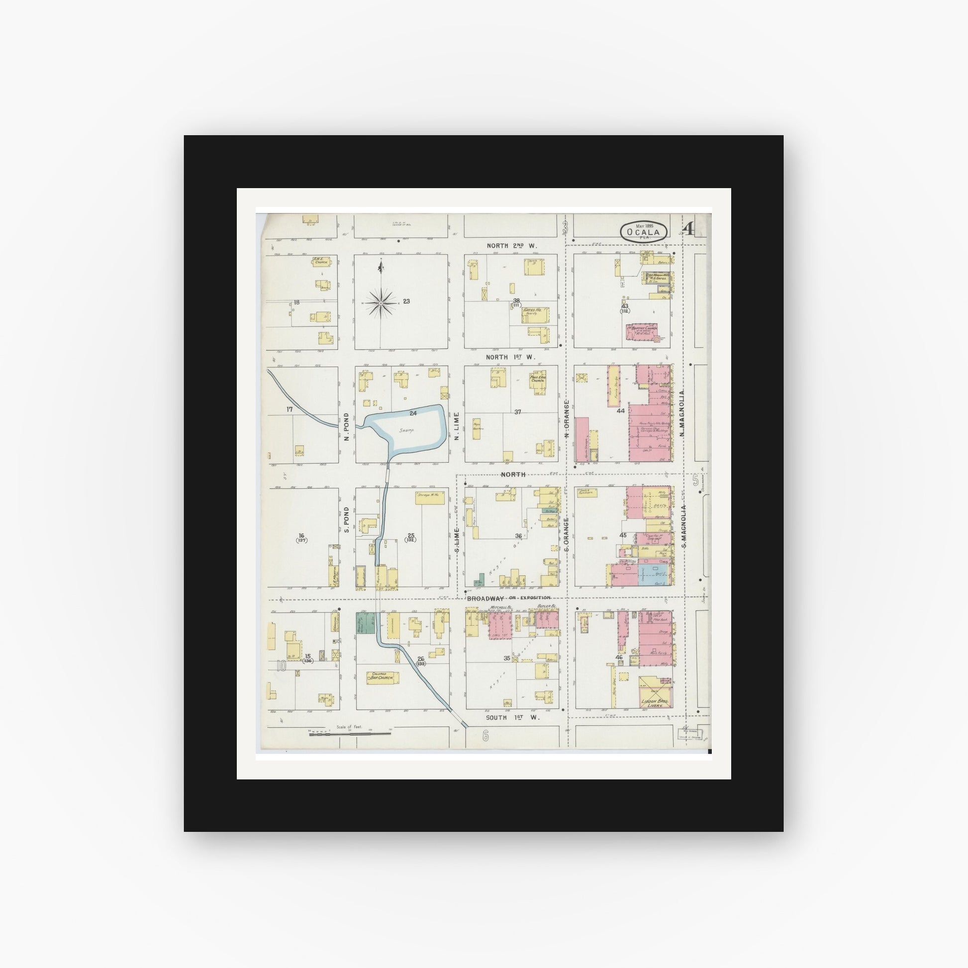 Old map wall art mockup — black gallery frame with white mat — Sanborn Fire Insurance Map from Ocala, Marion County, Florida (1895), Sheet #0004