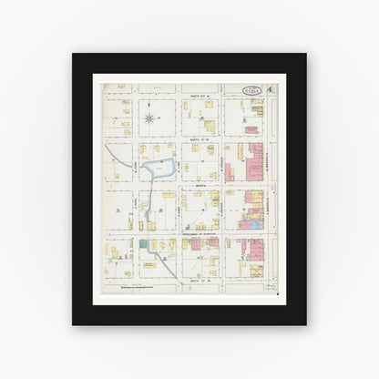Old map wall art mockup — black gallery frame with white mat — Sanborn Fire Insurance Map from Ocala, Marion County, Florida (1895), Sheet #0004