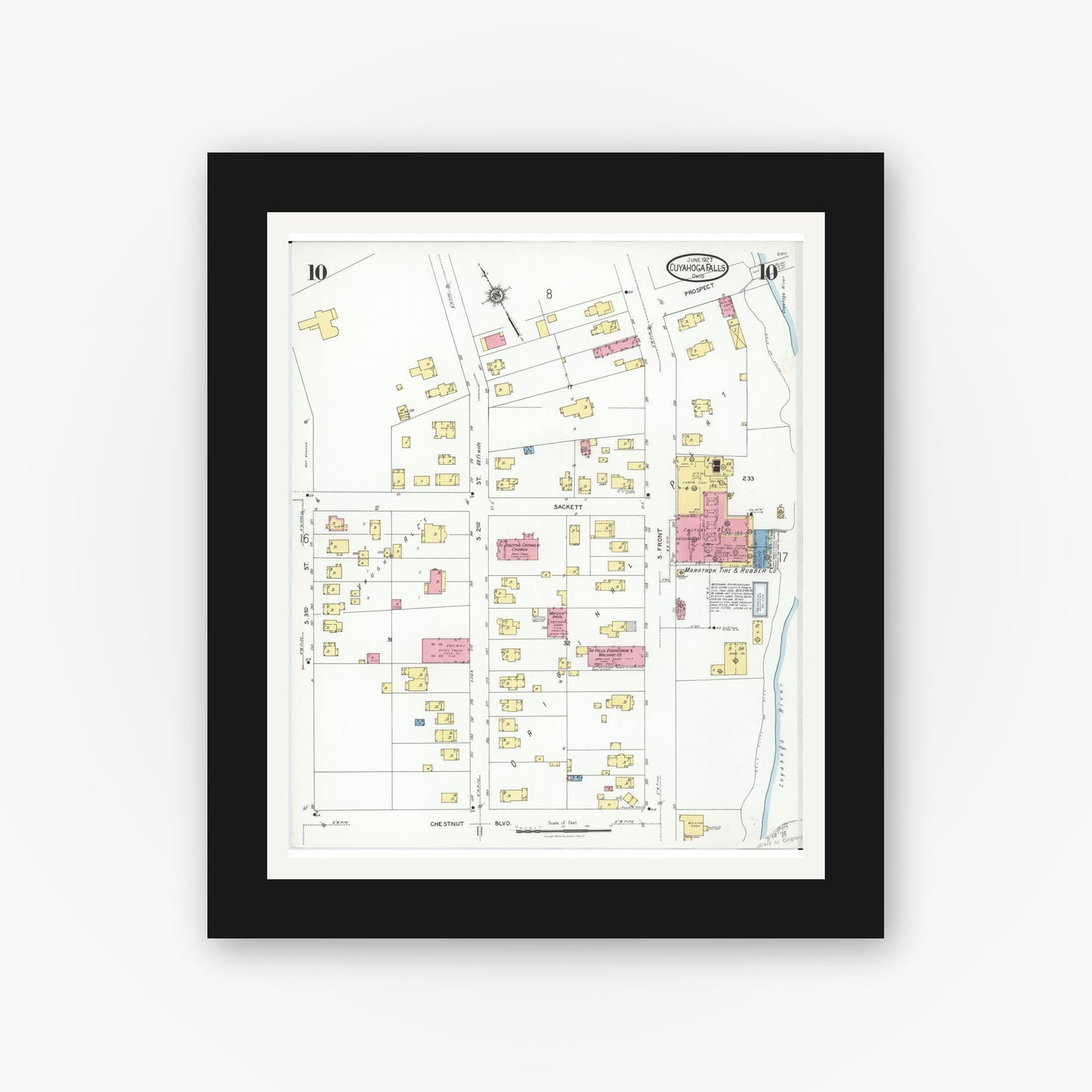 Old map wall art mockup — black gallery frame with white mat — Sanborn Fire Insurance Map from Cuyahoga Falls, Summit County, Ohio (1927), Sheet #0010