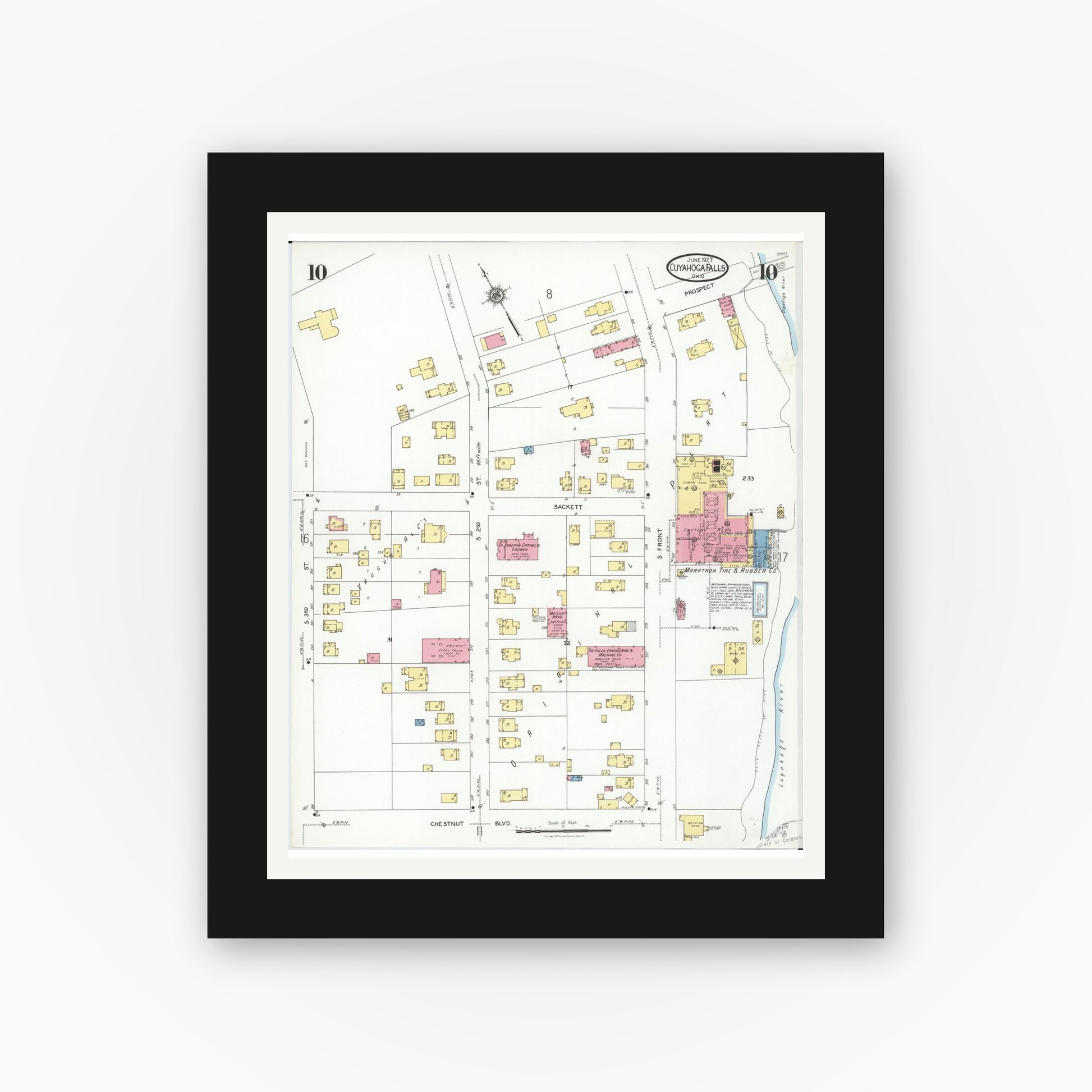 Old map wall art mockup — black gallery frame with white mat — Sanborn Fire Insurance Map from Cuyahoga Falls, Summit County, Ohio (1927), Sheet #0010