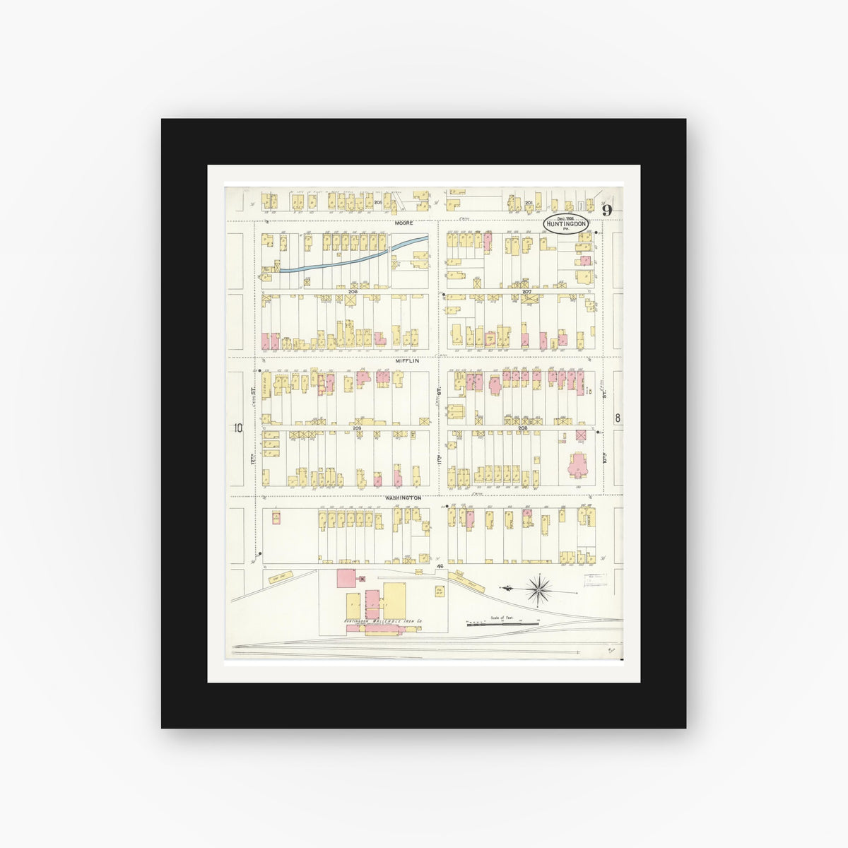 Old map wall art mockup — black gallery frame with white mat — Sanborn Fire Insurance Map from Huntingdon, Huntingdon County, Pennsylvania (1906), Sheet #0009
