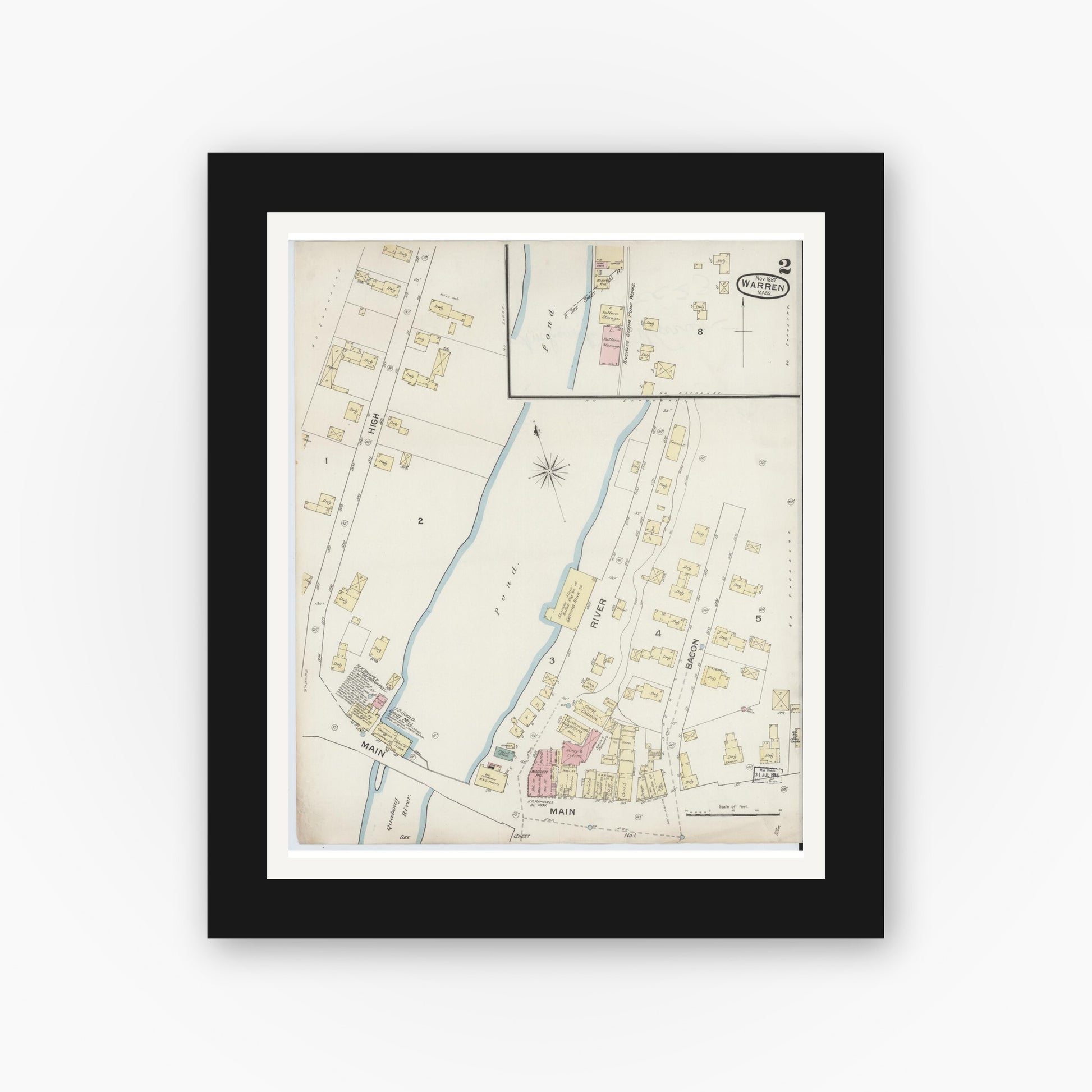 Old map wall art mockup — black gallery frame with white mat — Sanborn Fire Insurance Map from Warren, Worcester County, Massachusetts (1887), Sheet #0002