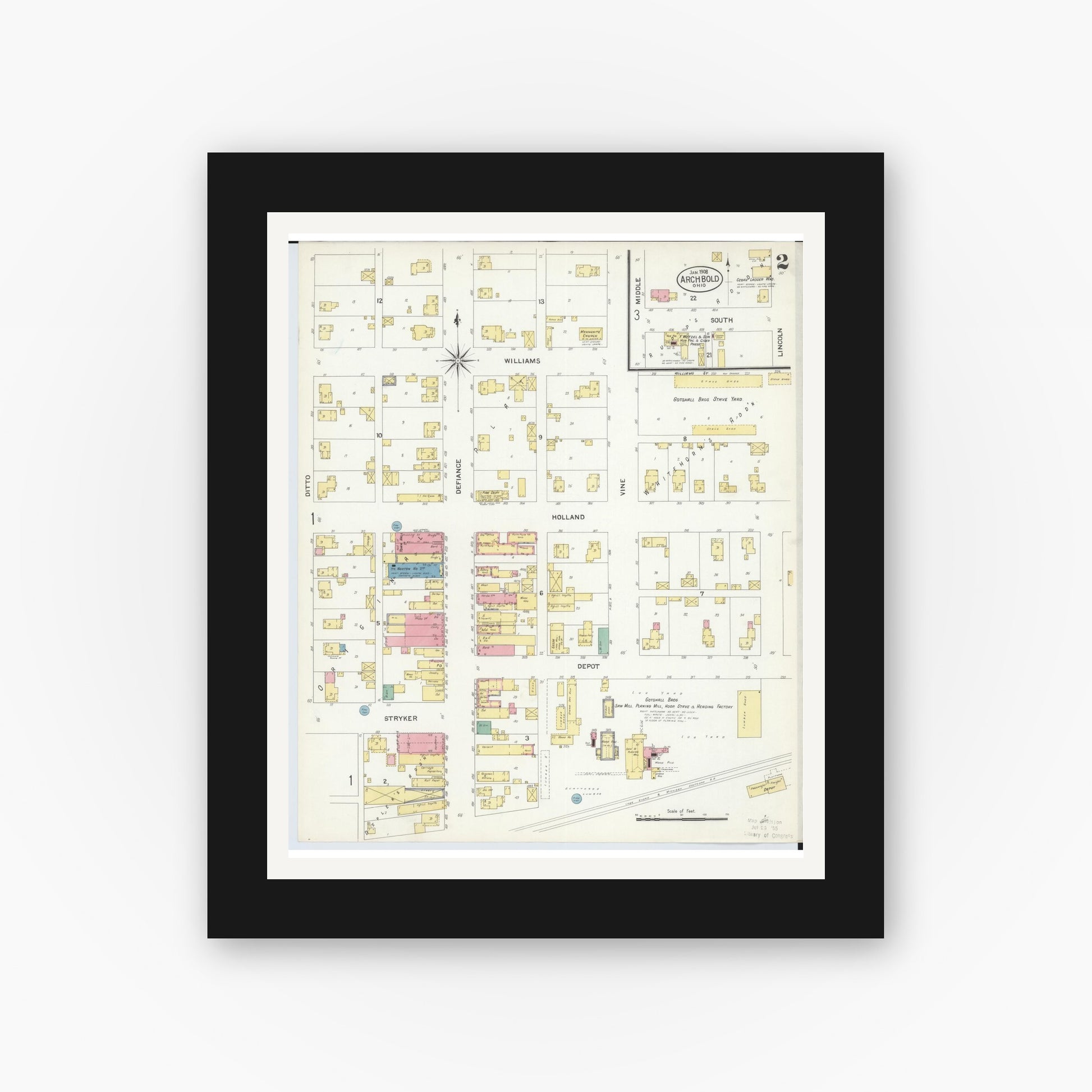 Old map wall art mockup — black gallery frame with white mat — Sanborn Fire Insurance Map from Archbold, Fulton County, Ohio (1908), Sheet #0002