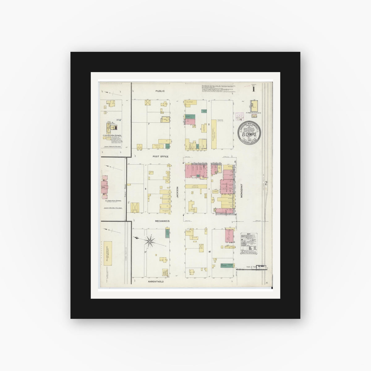 Old map wall art mockup — black gallery frame with white mat — Sanborn Fire Insurance Map from El Campo, Wharton County, Texas (1907) - Complete Map Set