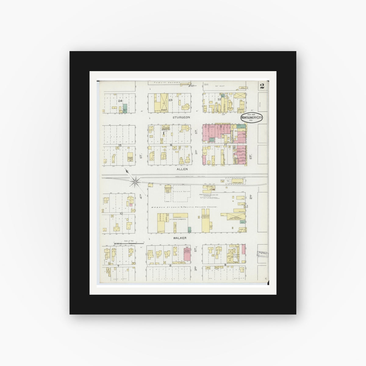 Old map wall art mockup — black gallery frame with white mat — Sanborn Fire Insurance Map from Montgomery City, Montgomery County, Missouri (1893), Sheet #0002